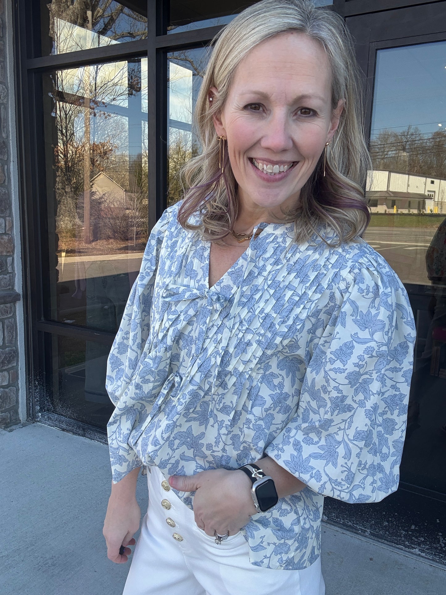 Floral Bow Pintuck Top
