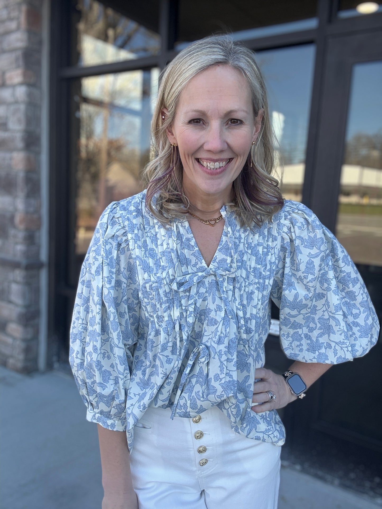 Floral Bow Pintuck Top