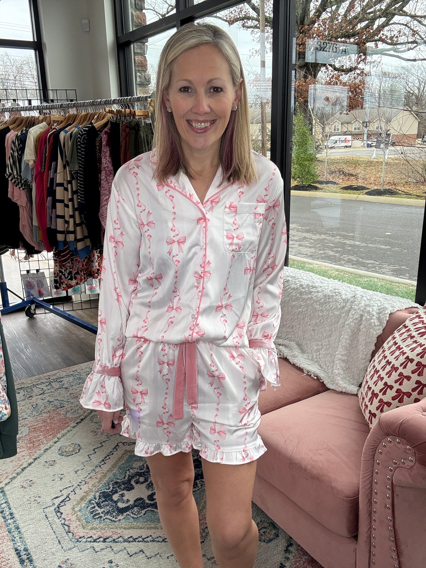 Pink Bows Ruffle Pajama Set