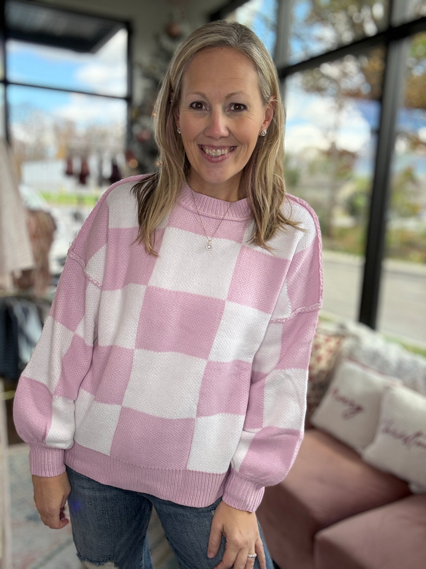 Pink Checkered Sweater