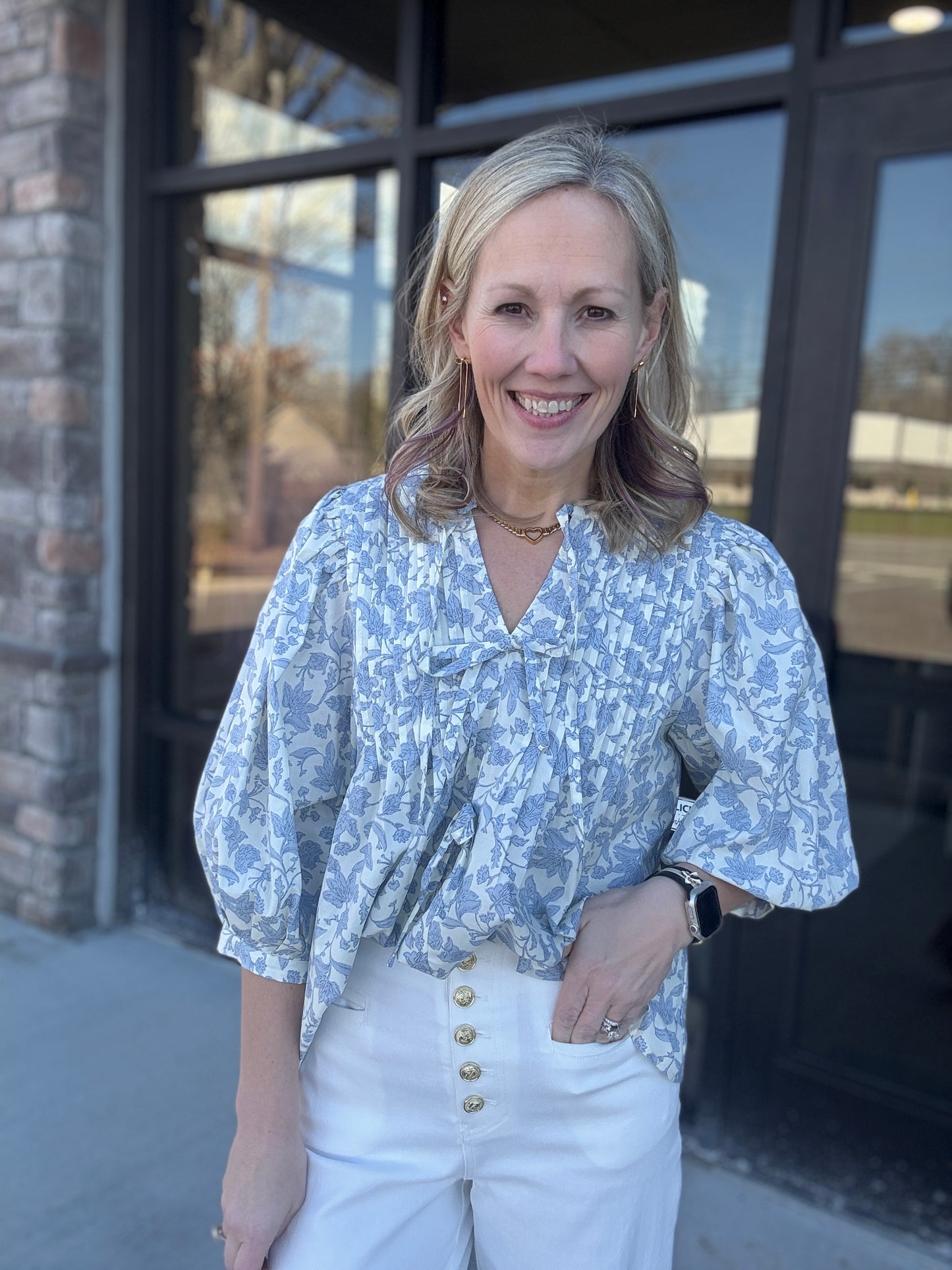 Floral Bow Pintuck Top
