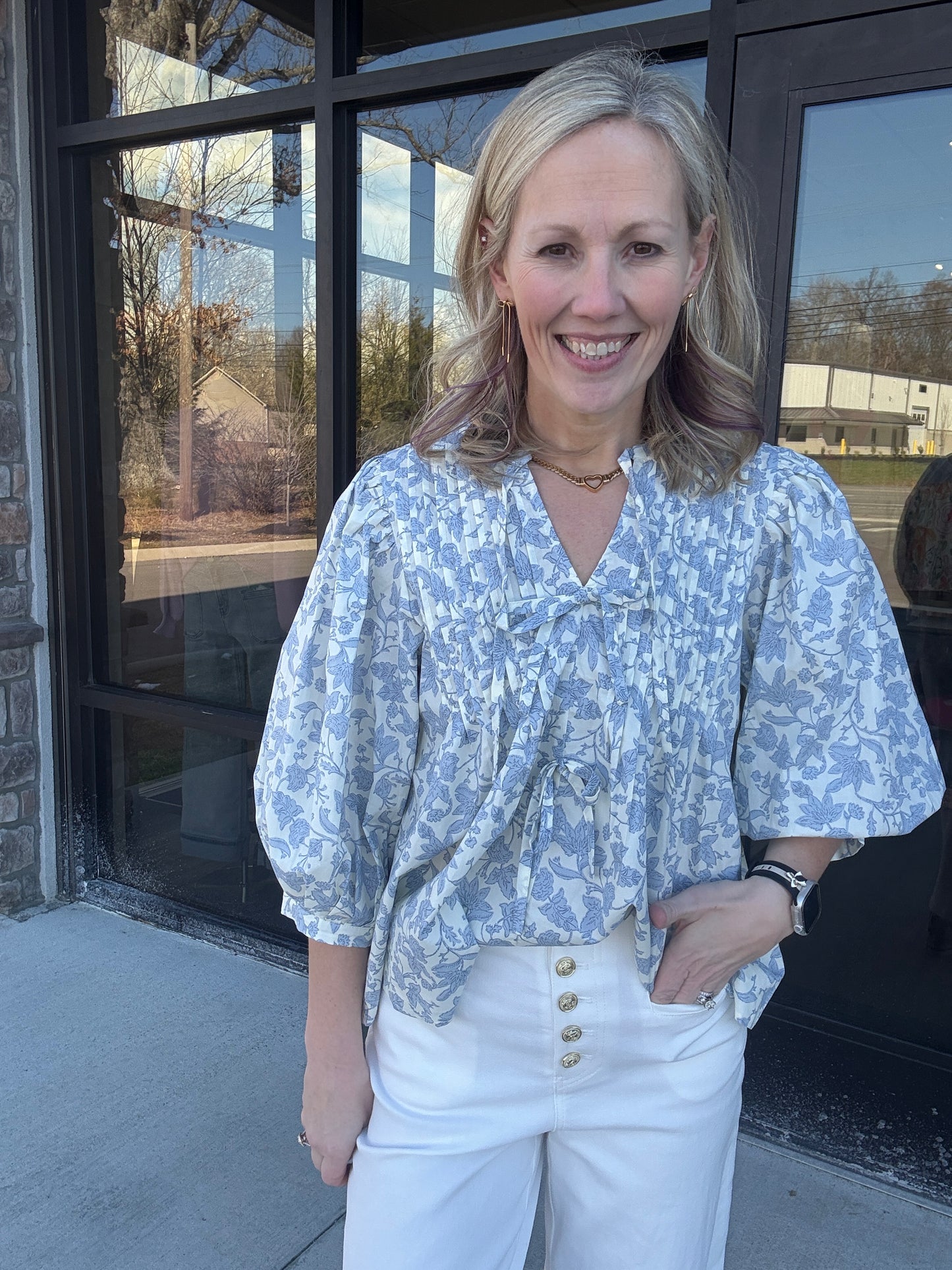 Floral Bow Pintuck Top