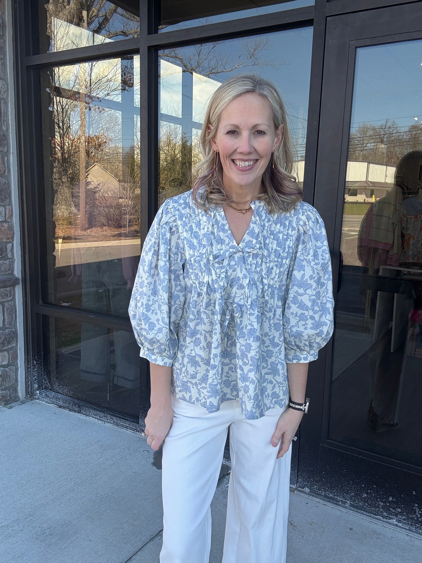 Floral Bow Pintuck Top