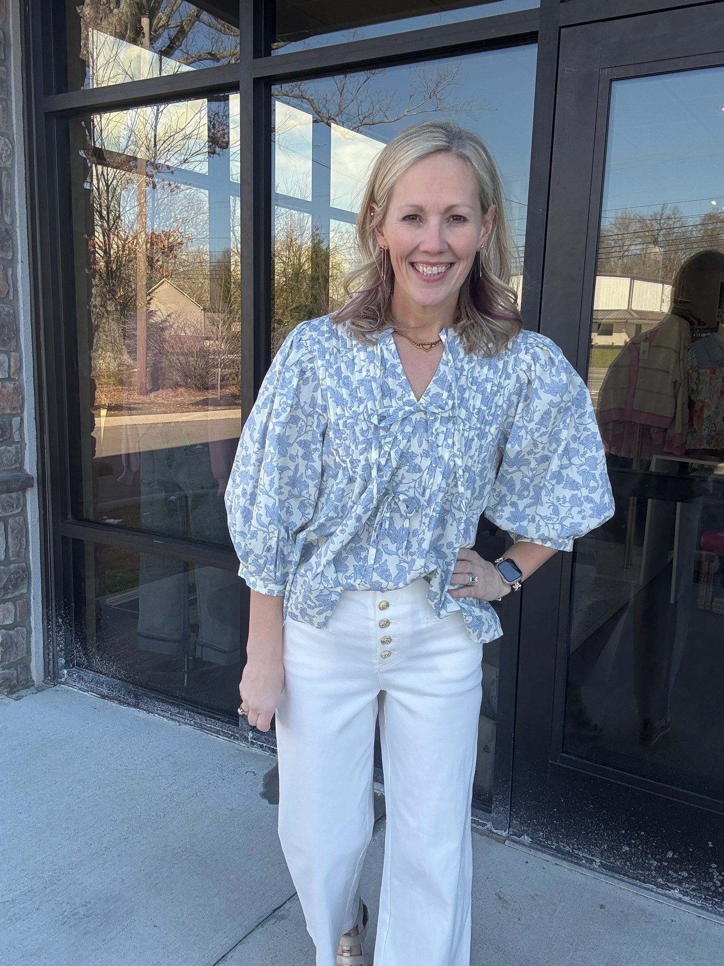 Floral Bow Pintuck Top