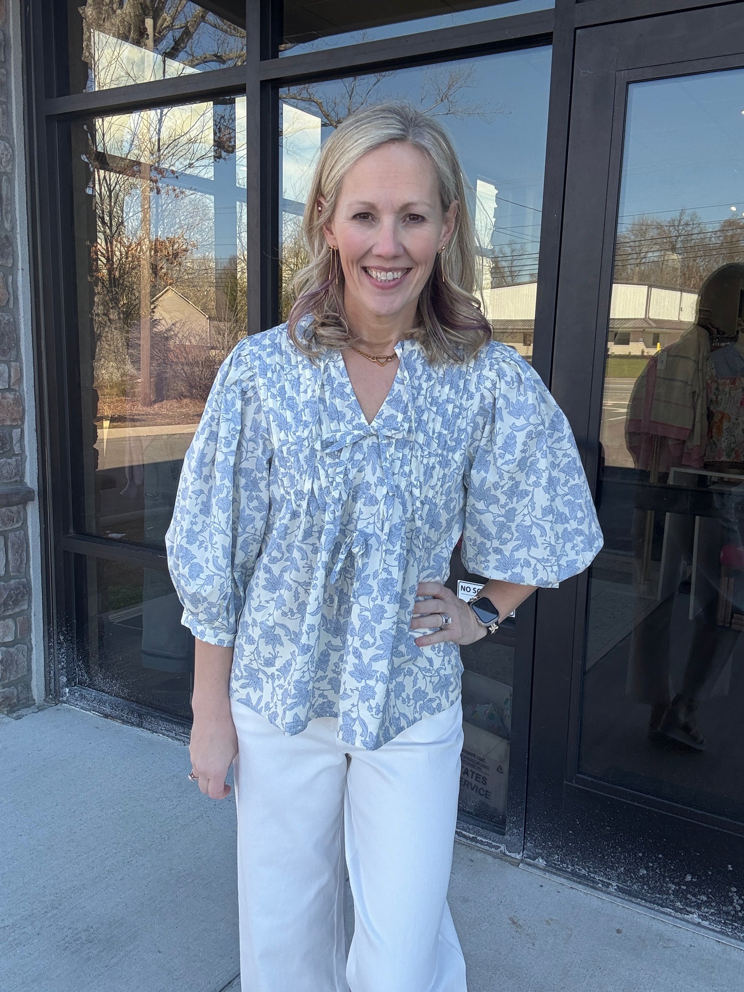 Floral Bow Pintuck Top