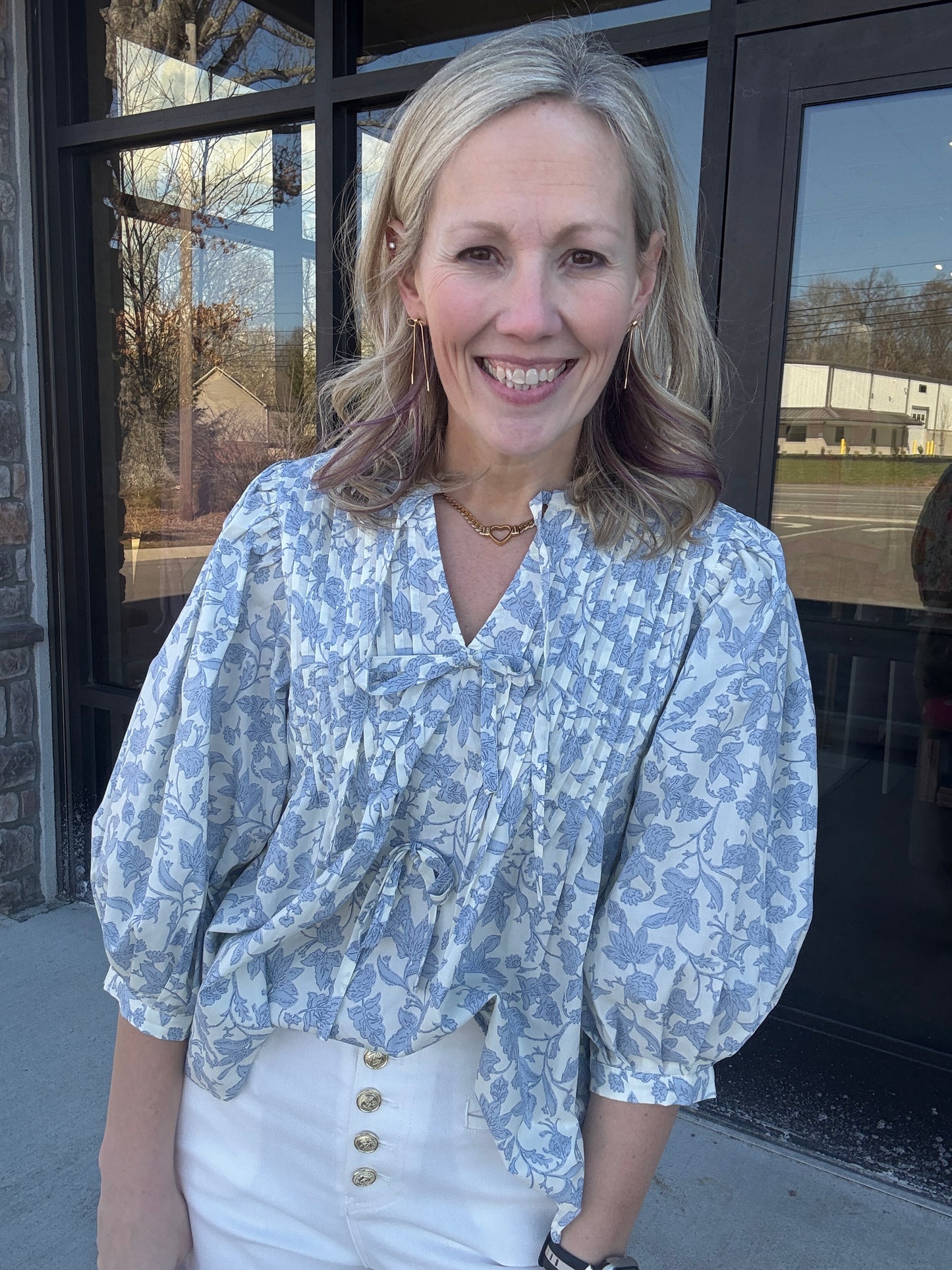 Floral Bow Pintuck Top