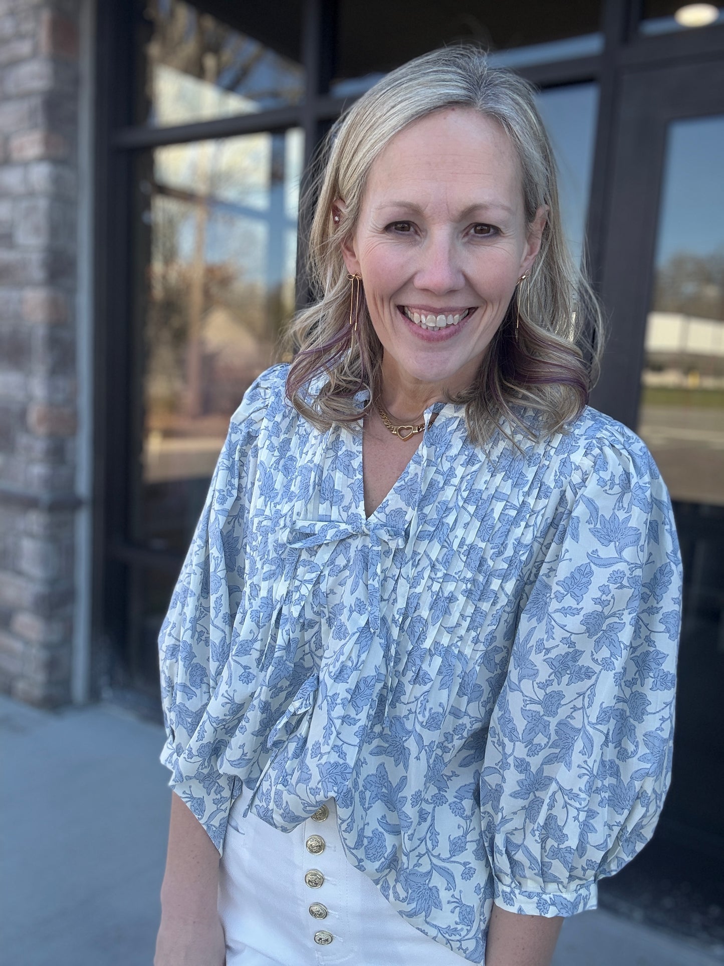 Floral Bow Pintuck Top