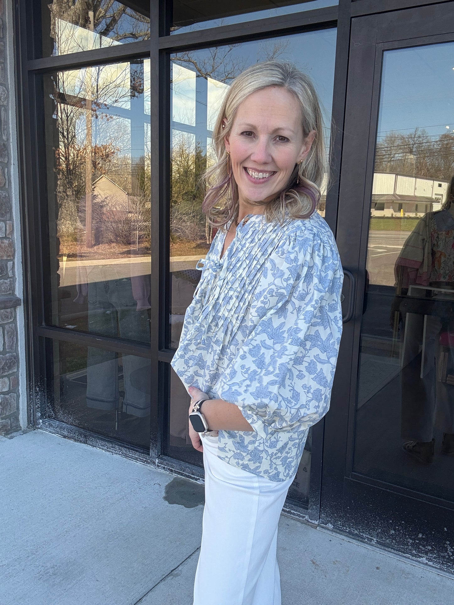 Floral Bow Pintuck Top