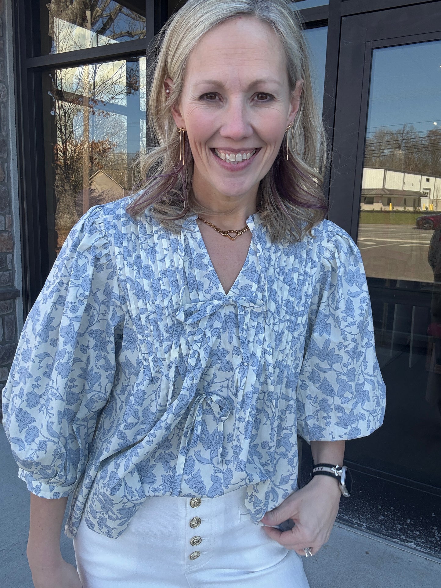 Floral Bow Pintuck Top