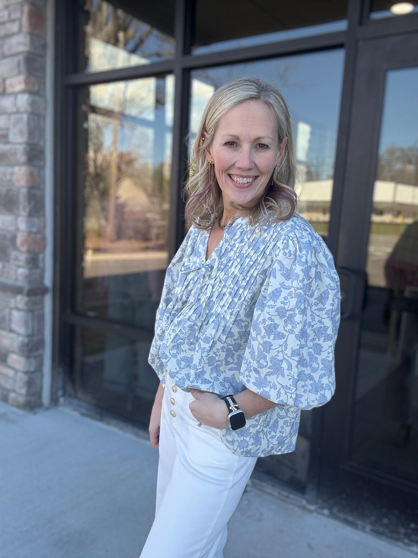 Floral Bow Pintuck Top