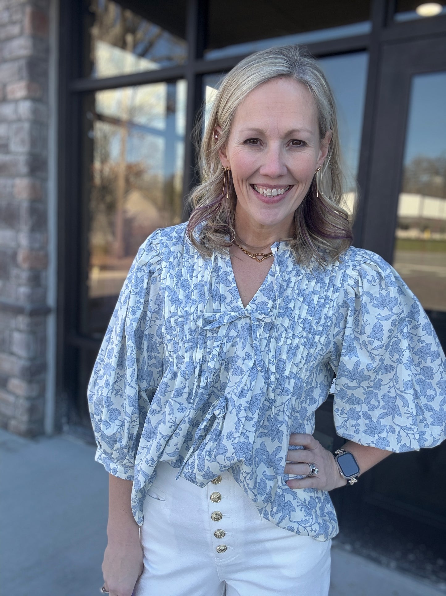Floral Bow Pintuck Top