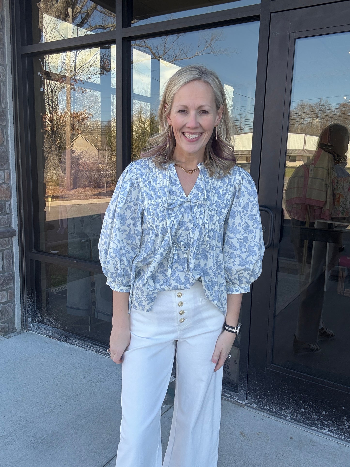 Floral Bow Pintuck Top