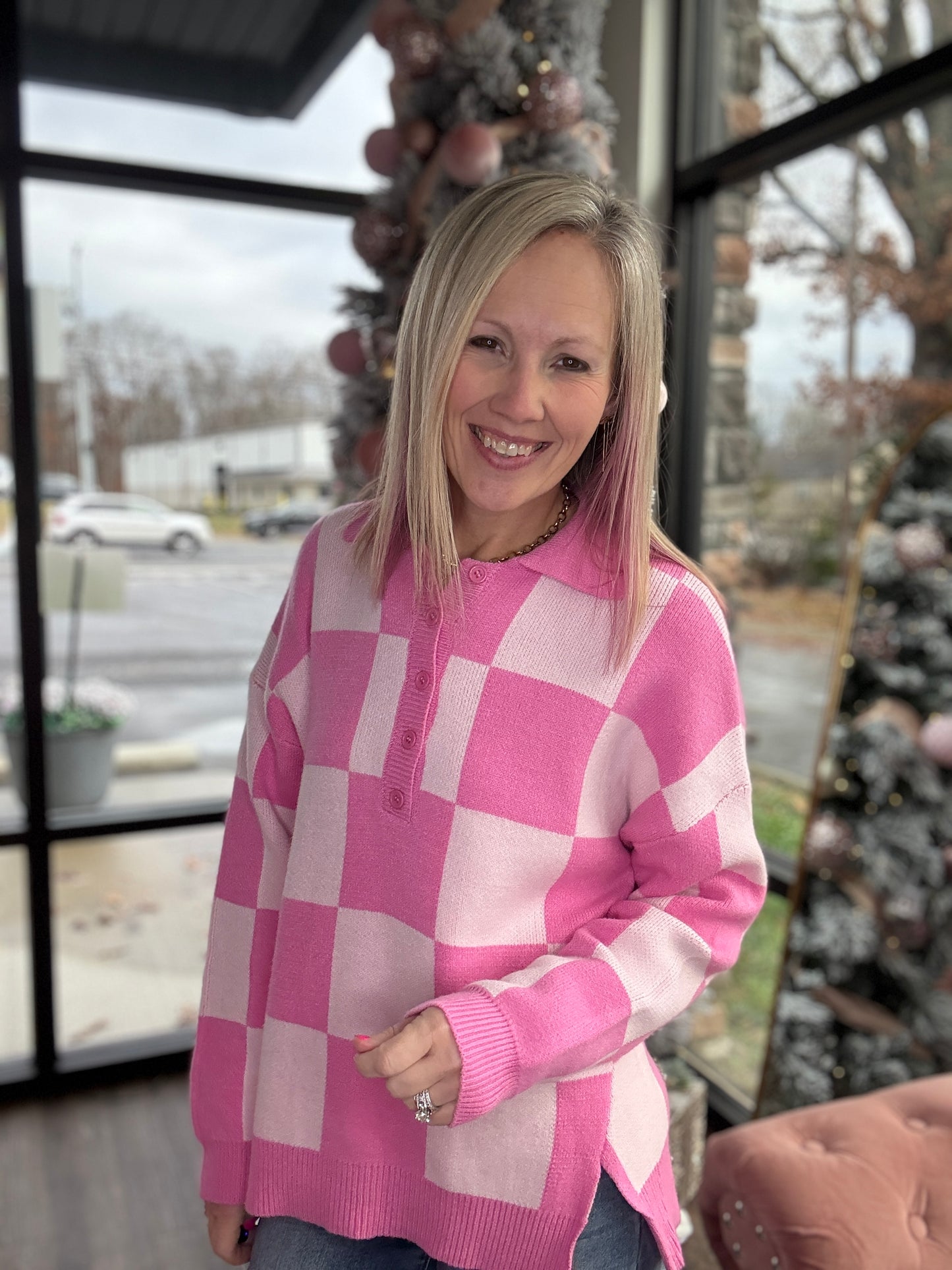 Pink Checkmate Sweater