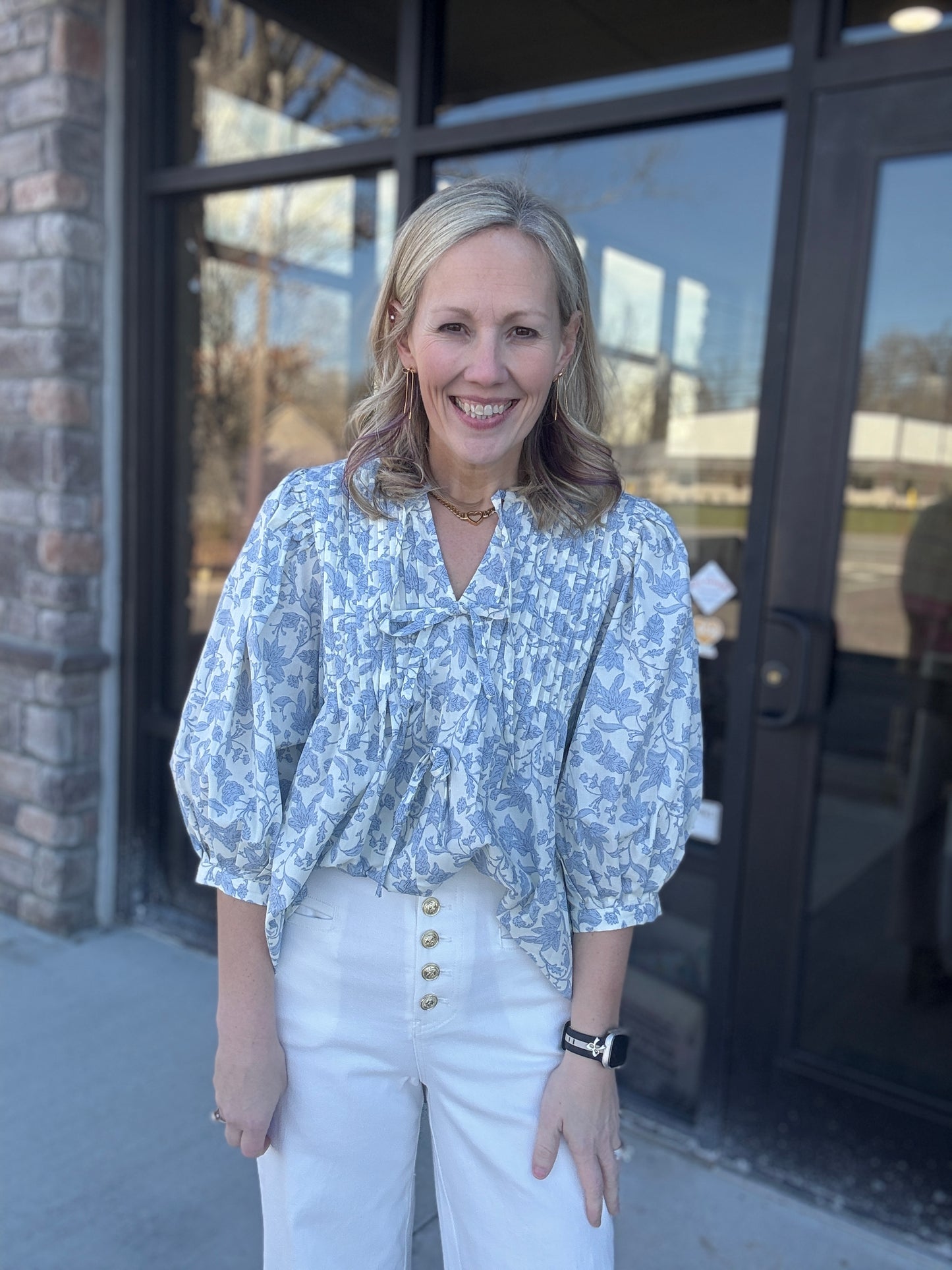 Floral Bow Pintuck Top