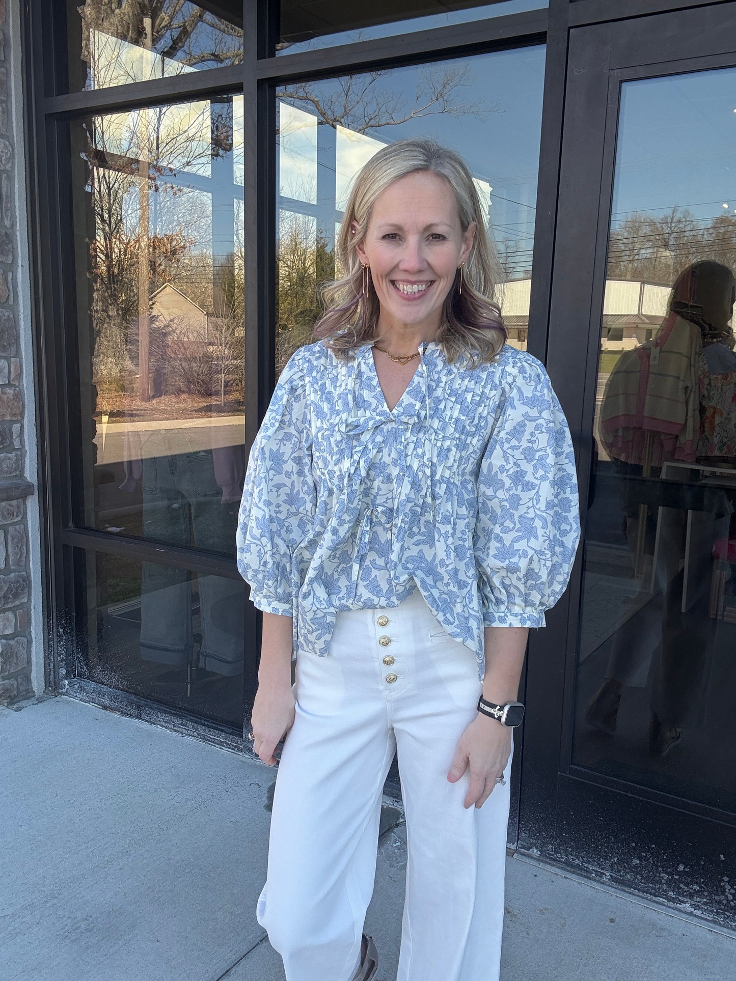 Floral Bow Pintuck Top
