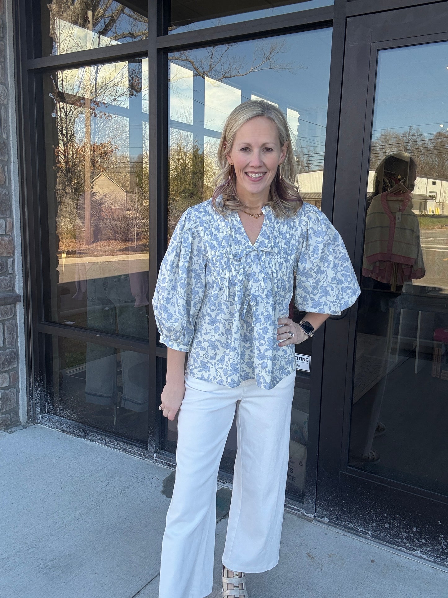 Floral Bow Pintuck Top