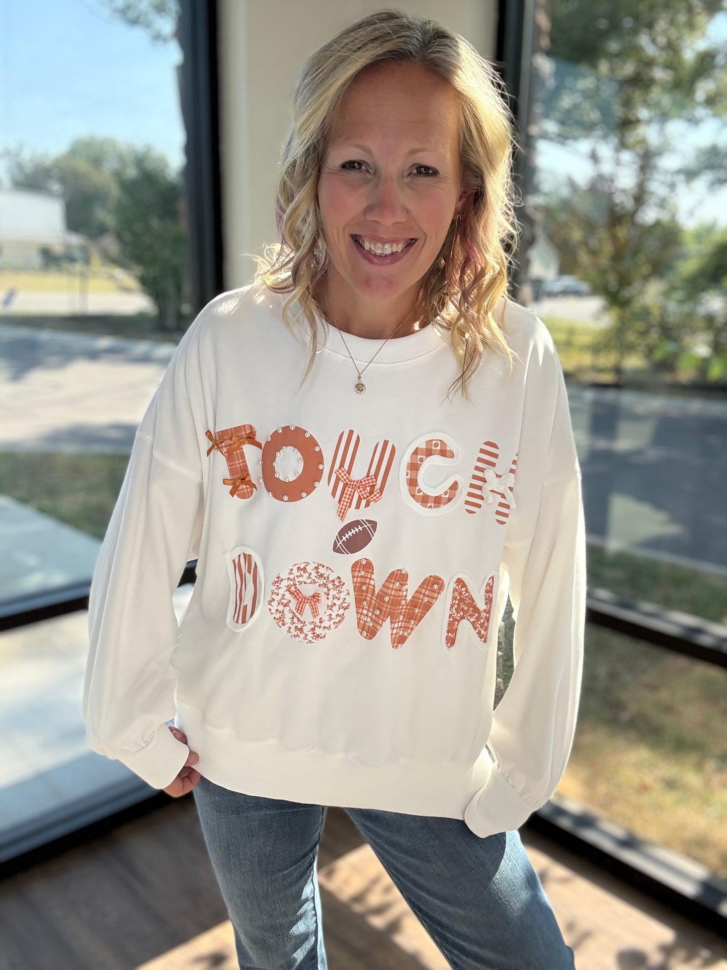 Touchdowns & Bows Sweatshirt- White