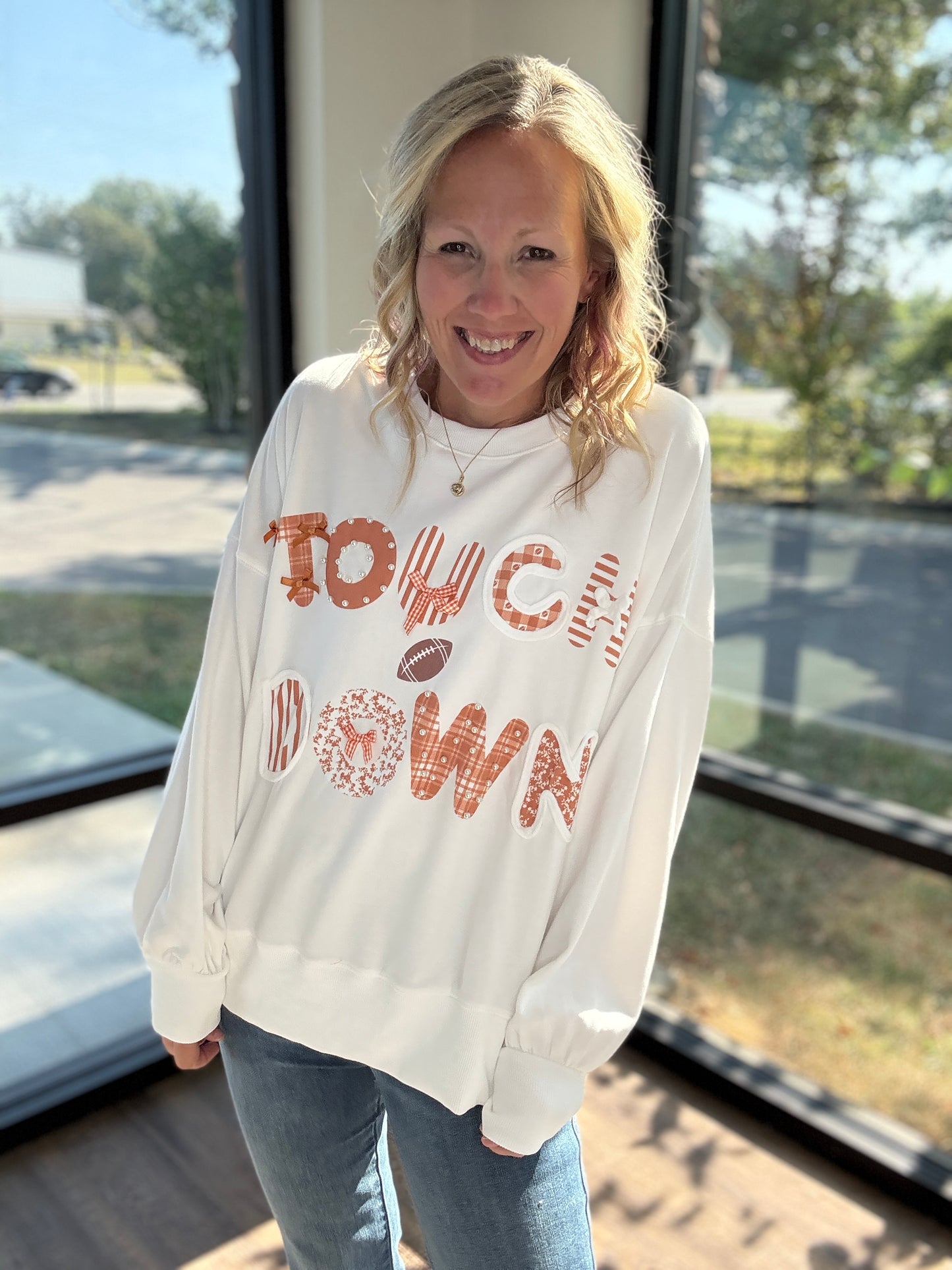 Touchdowns & Bows Sweatshirt- White