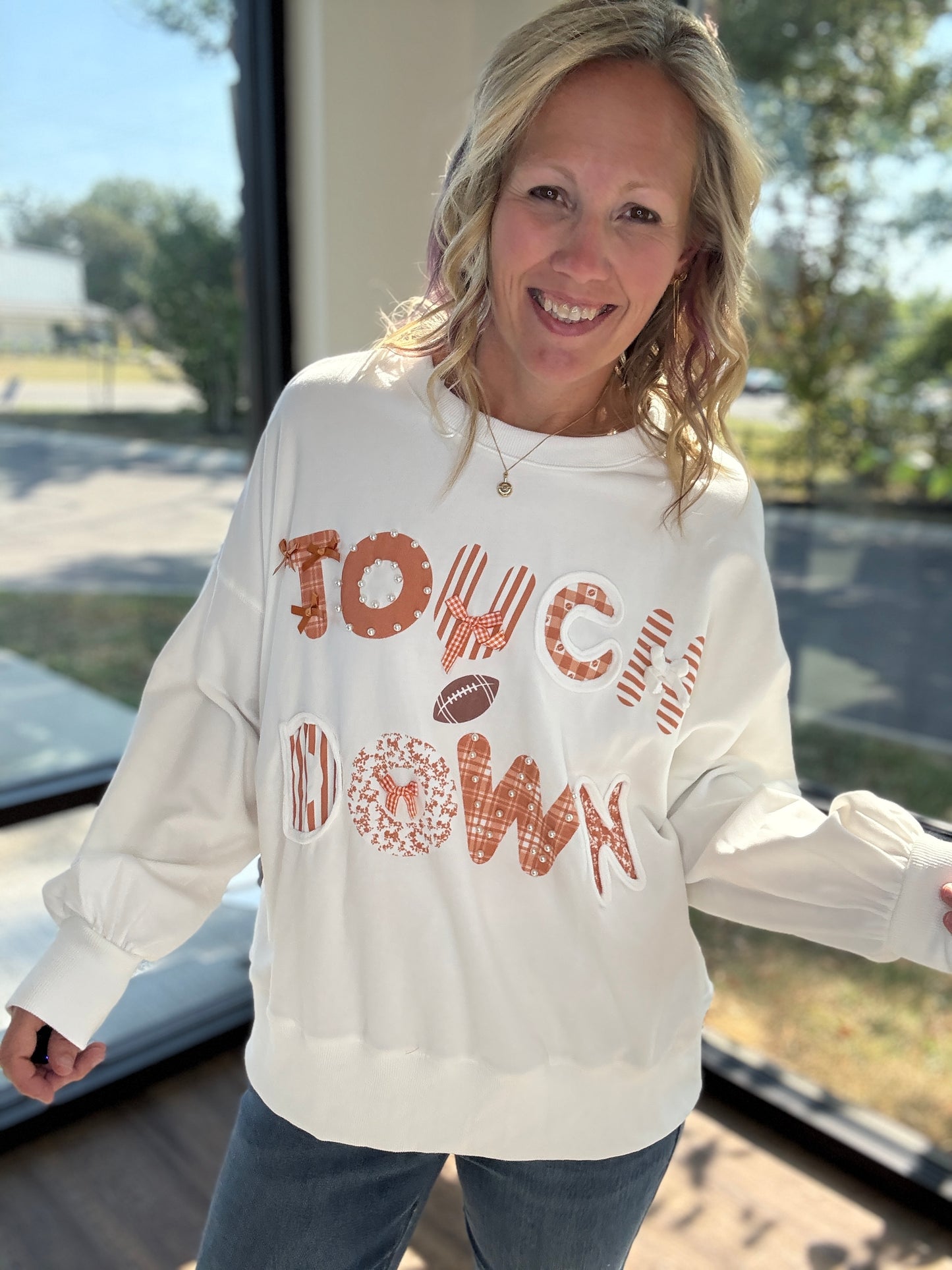 Touchdowns & Bows Sweatshirt- White