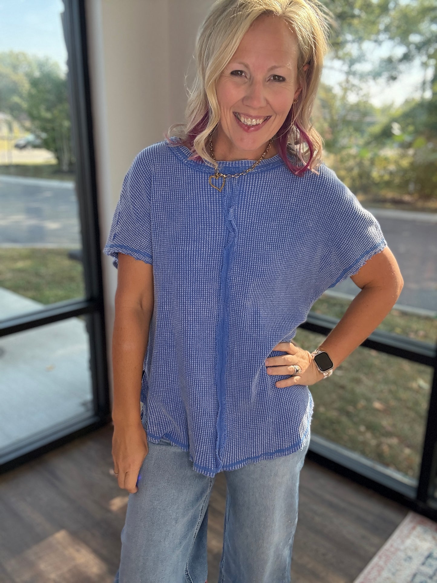 Blue Washed Waffle Top