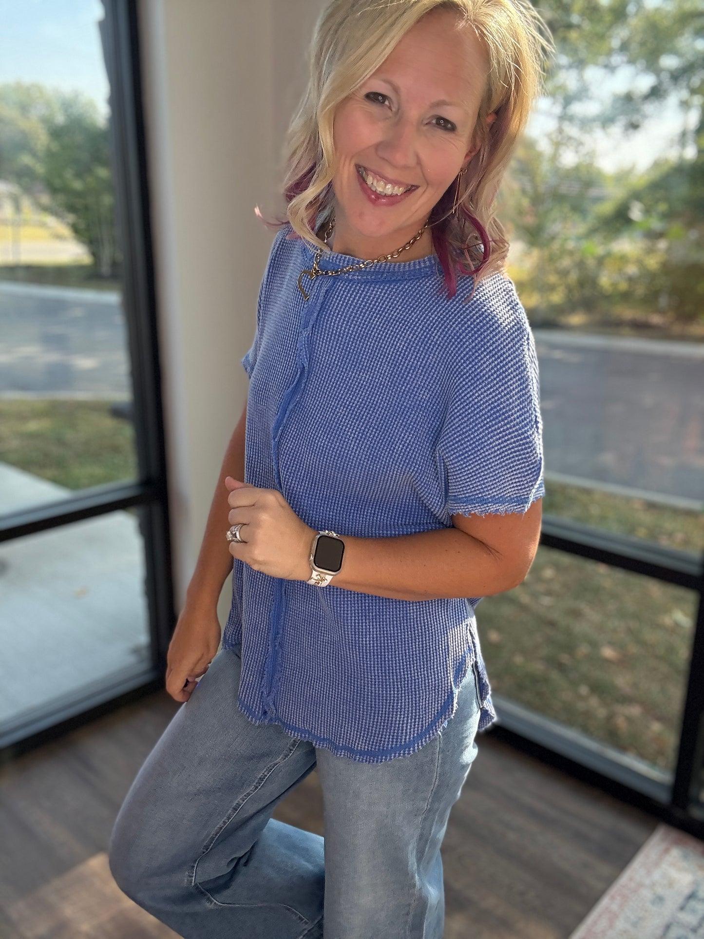 Blue Washed Waffle Top