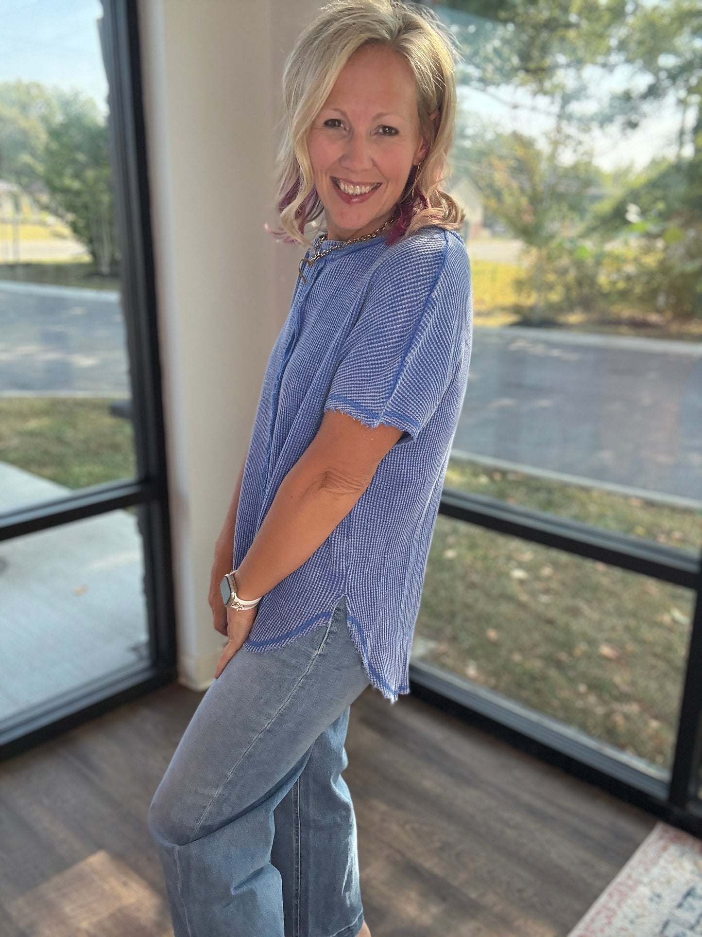Blue Washed Waffle Top