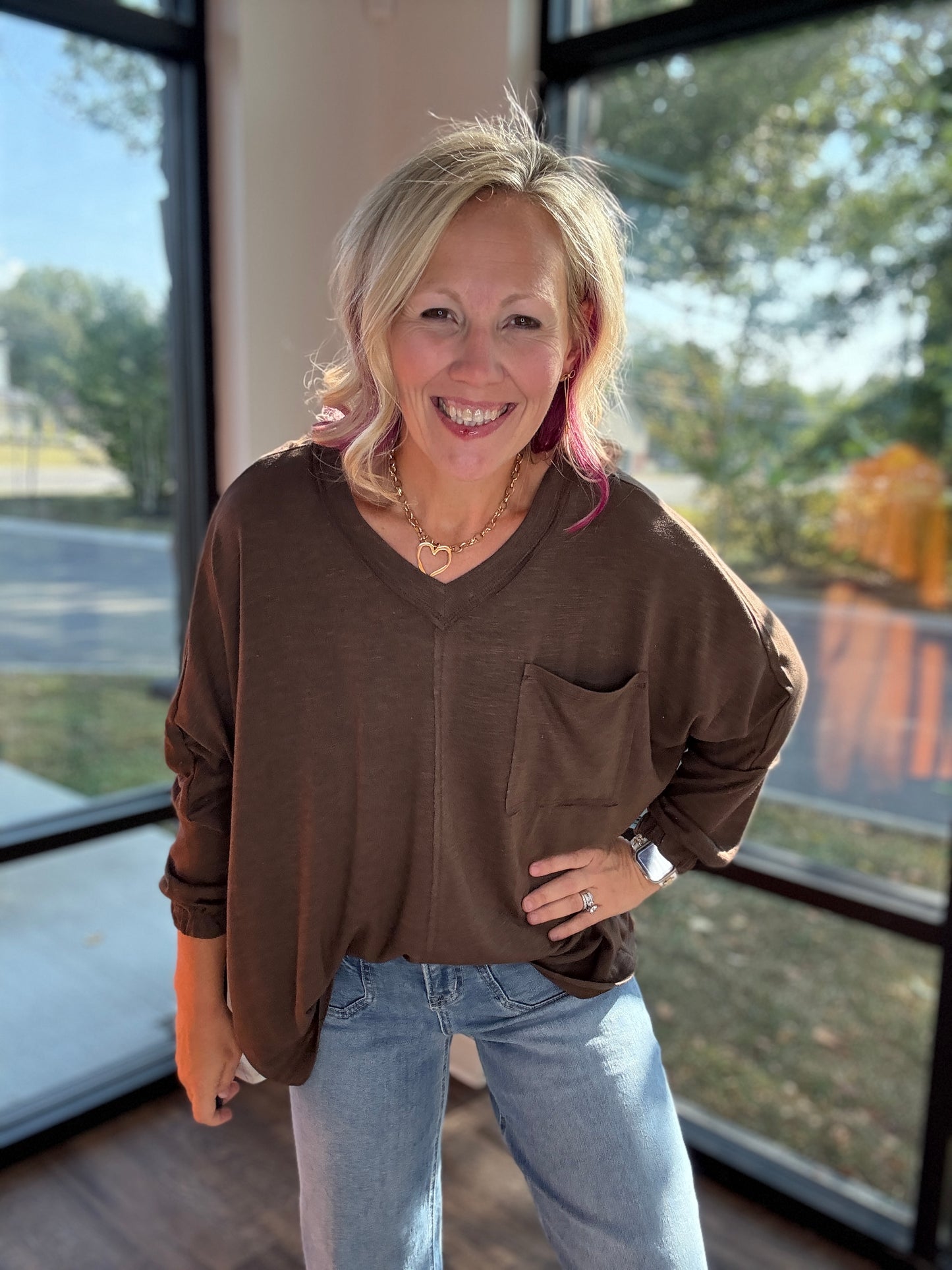 Fall Favorite Pocket Tee- Chocolate