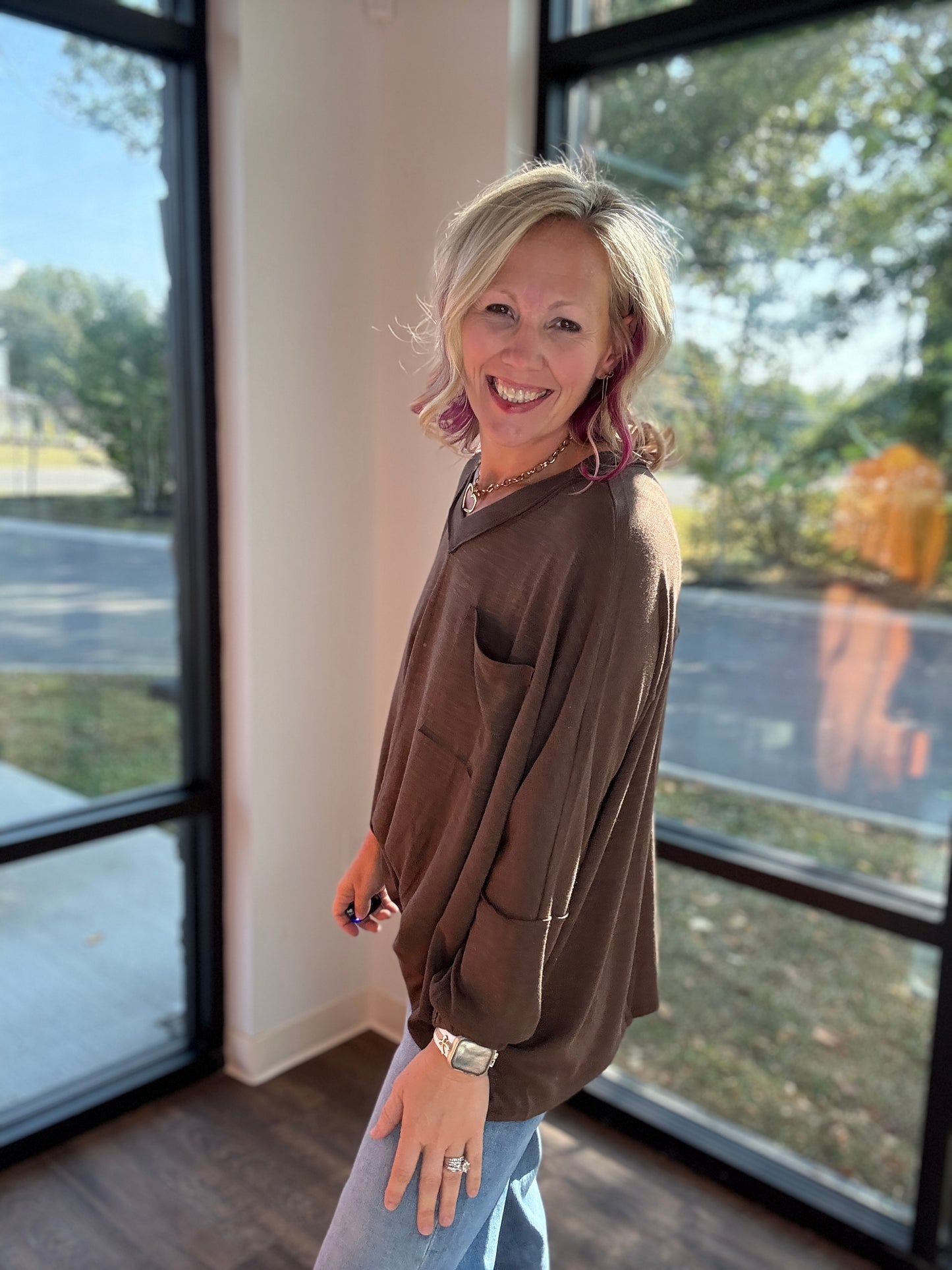Fall Favorite Pocket Tee- Chocolate