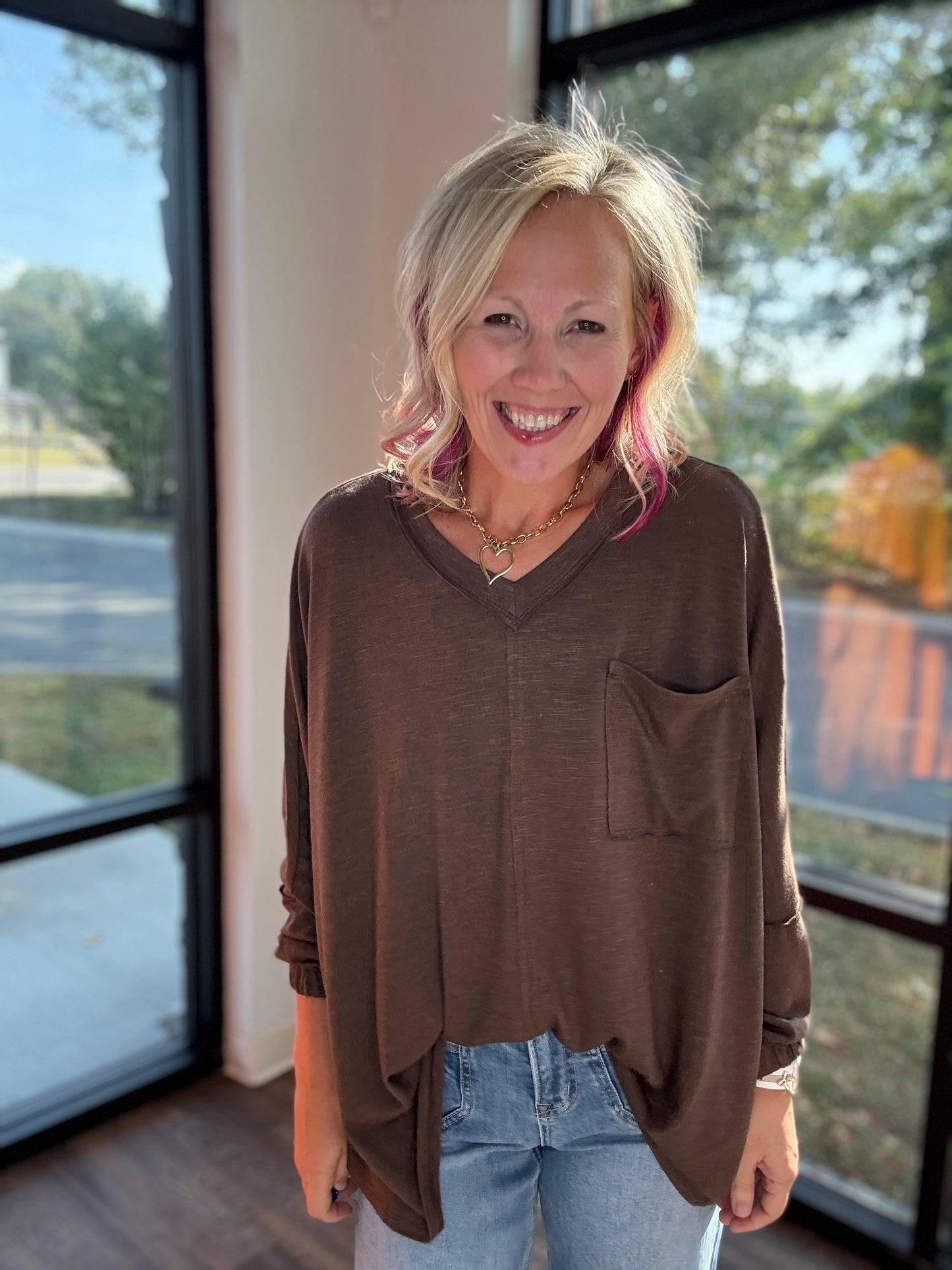 Fall Favorite Pocket Tee- Chocolate