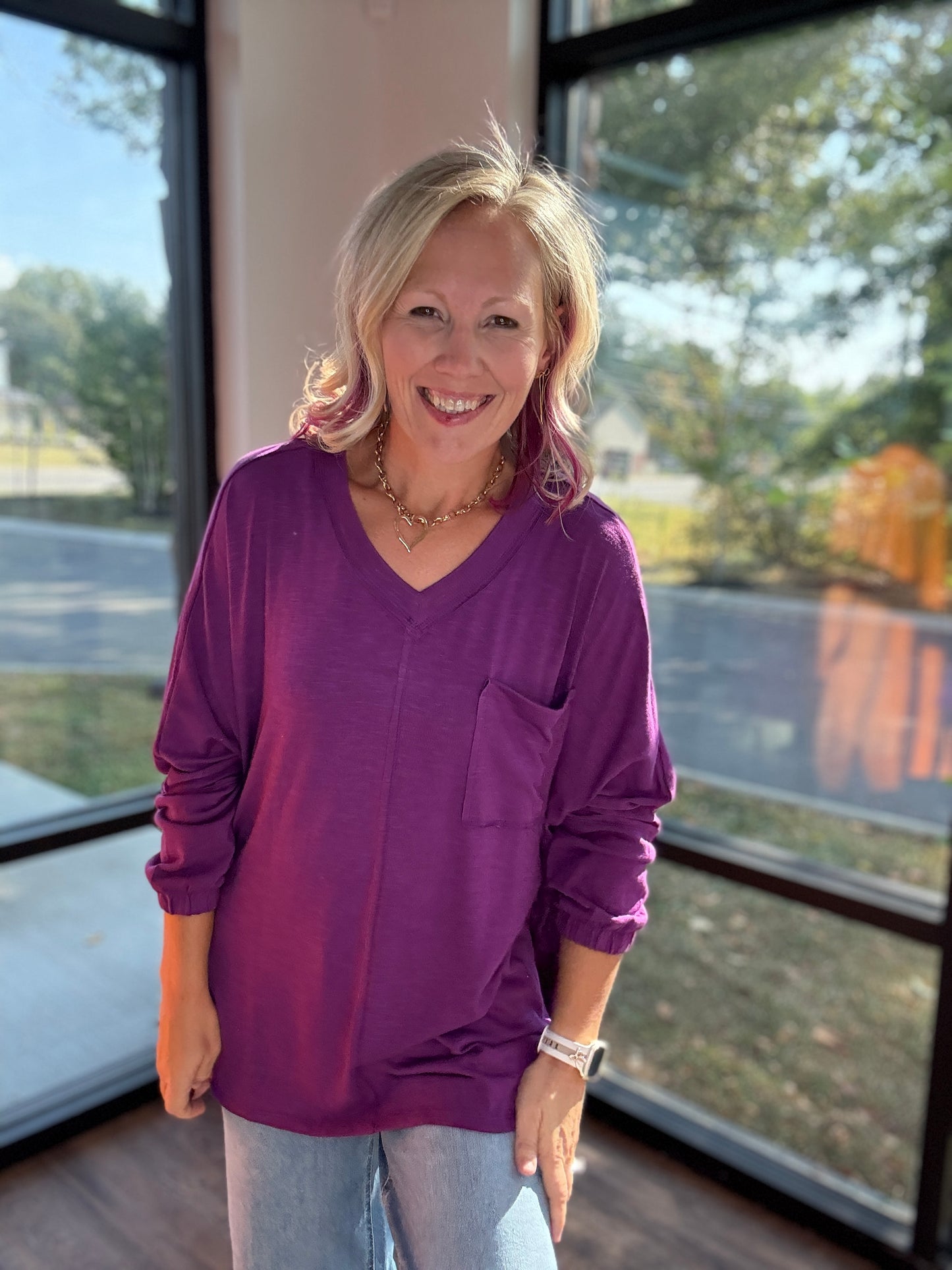 Fall Favorite Pocket Tee- Plum