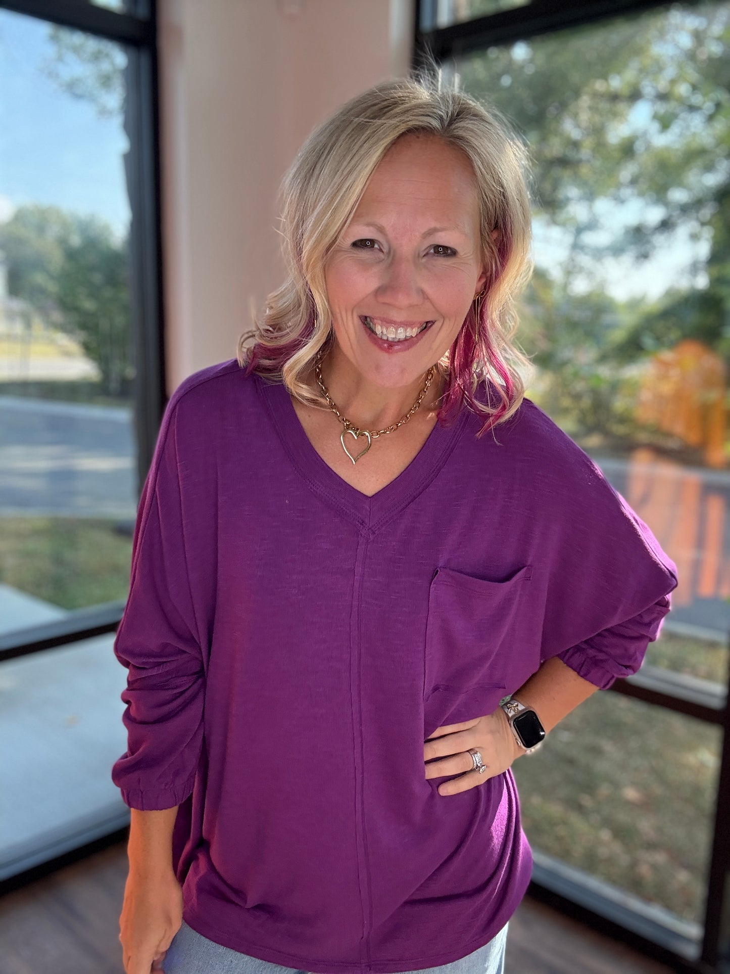 Fall Favorite Pocket Tee- Plum