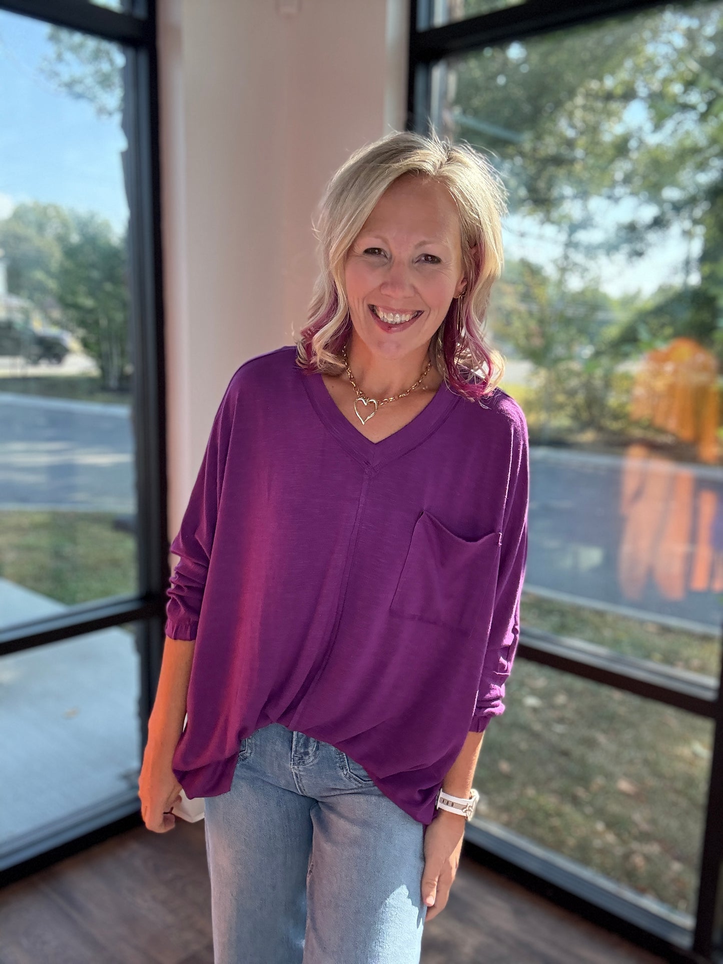 Fall Favorite Pocket Tee- Plum
