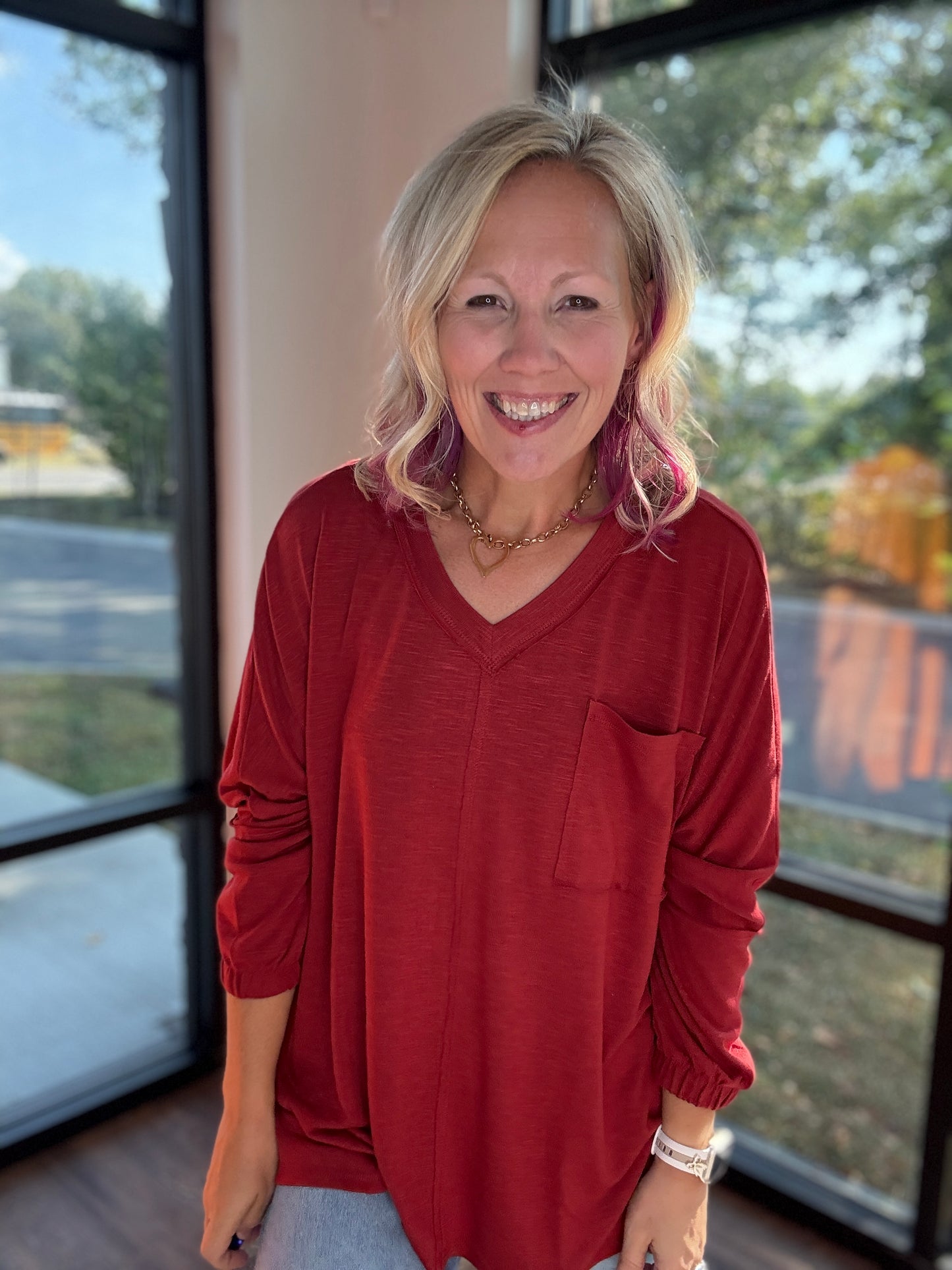 Fall Favorite Pocket Tee- Garnet