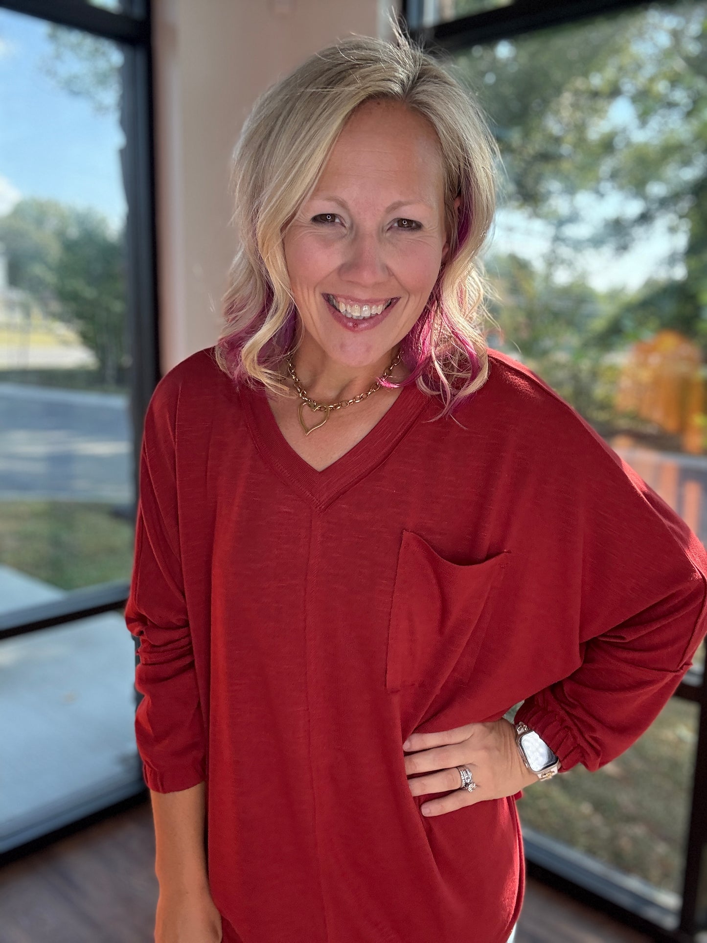 Fall Favorite Pocket Tee- Garnet