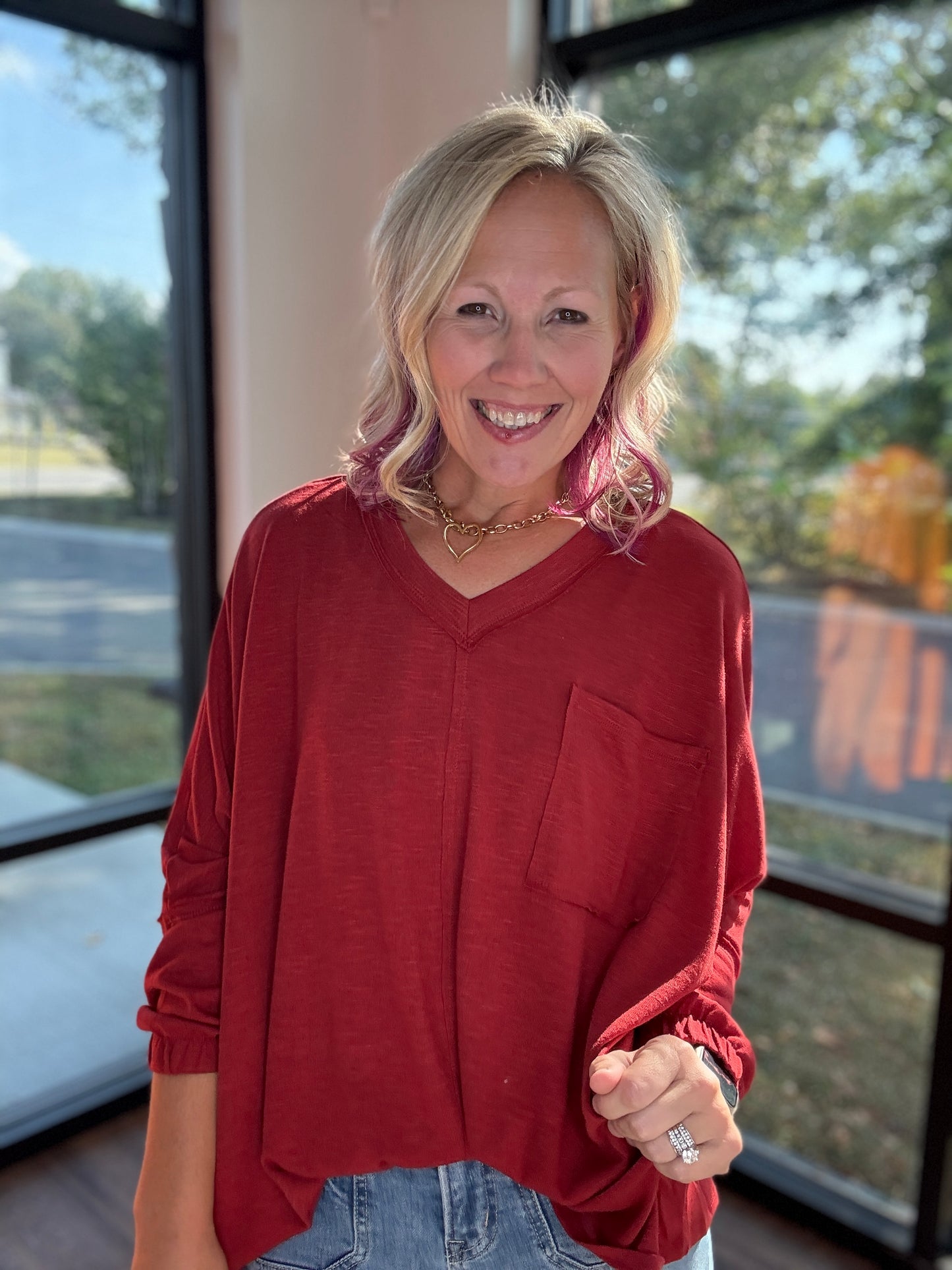 Fall Favorite Pocket Tee- Garnet