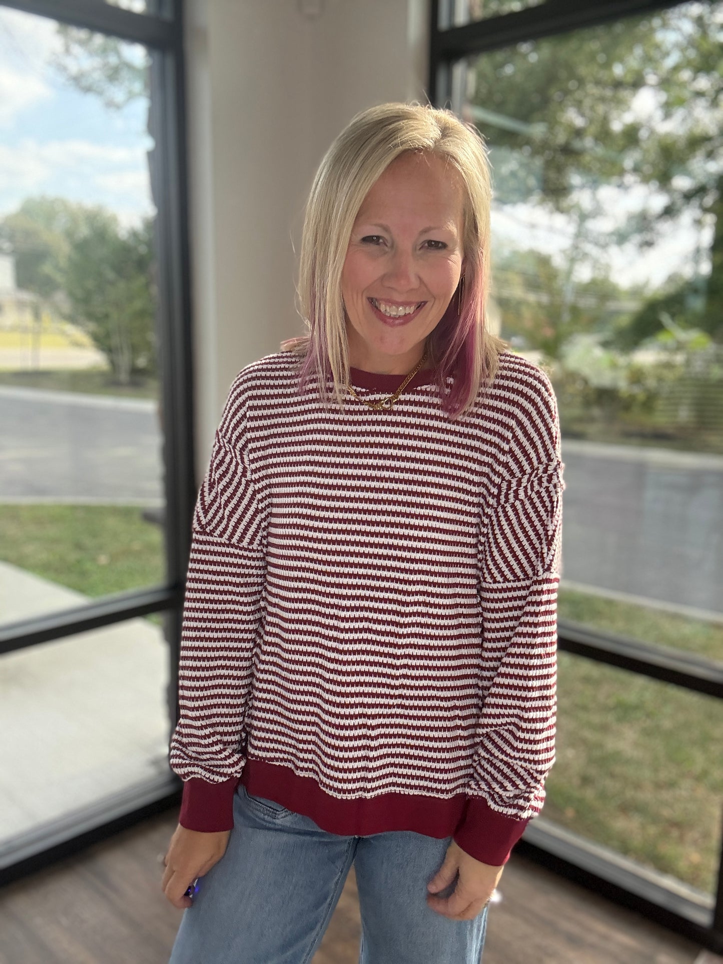 Red Striped Waffle Top
