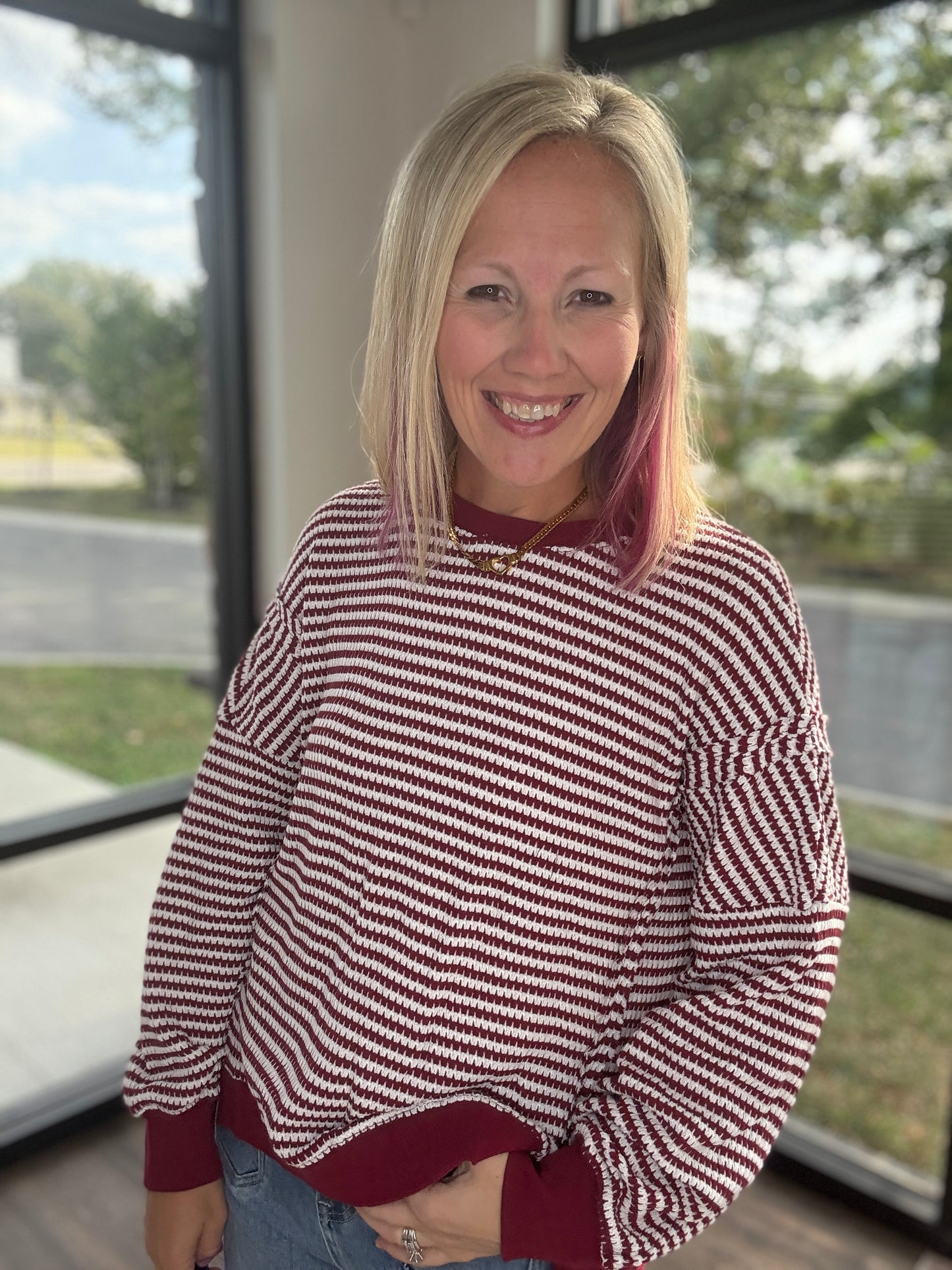 Red Striped Waffle Top
