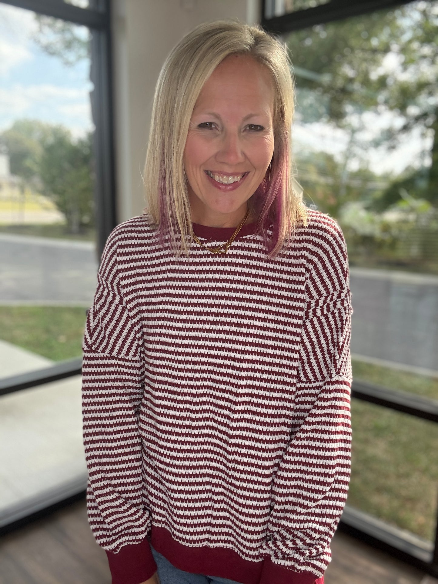 Red Striped Waffle Top