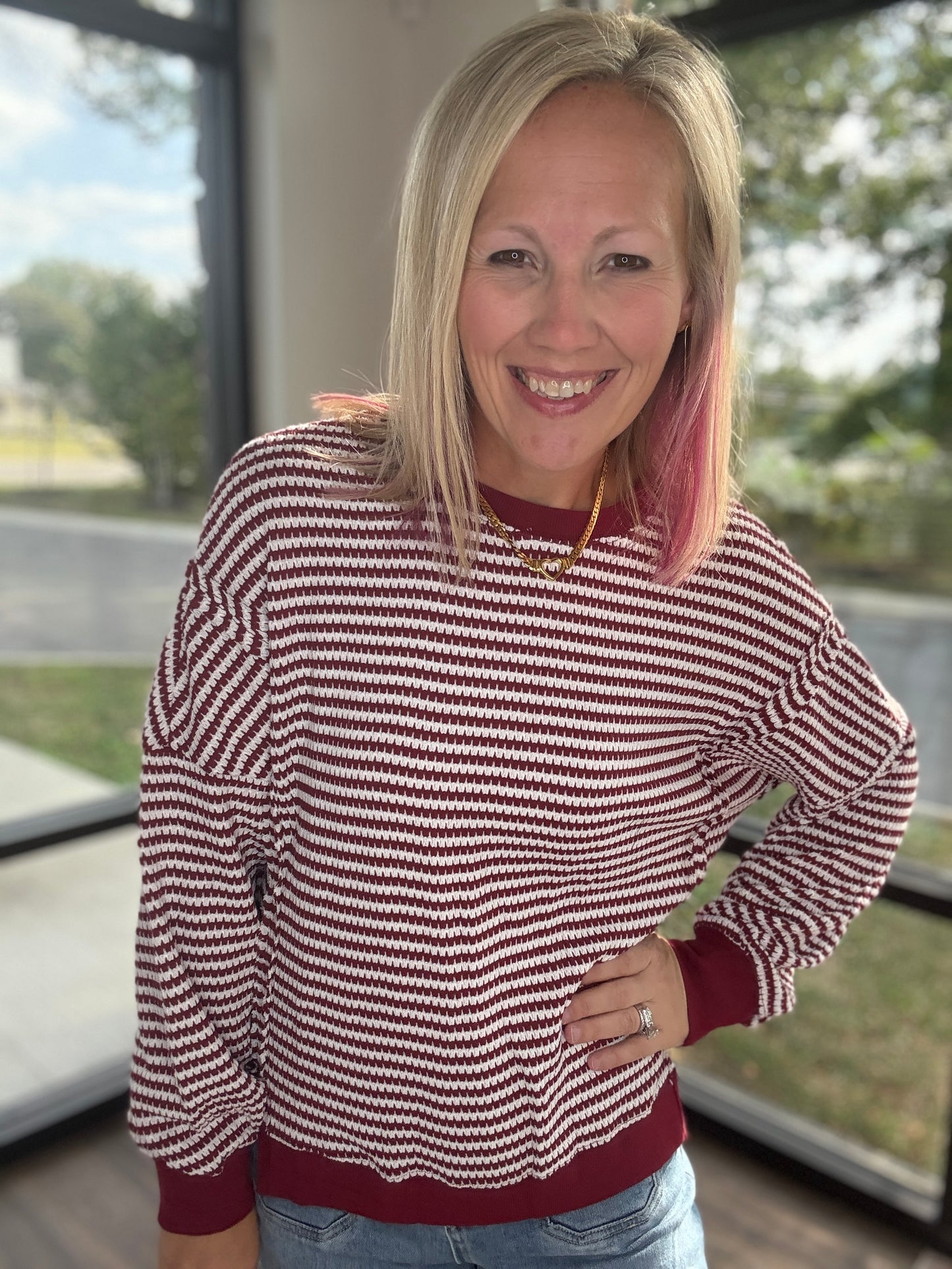 Red Striped Waffle Top