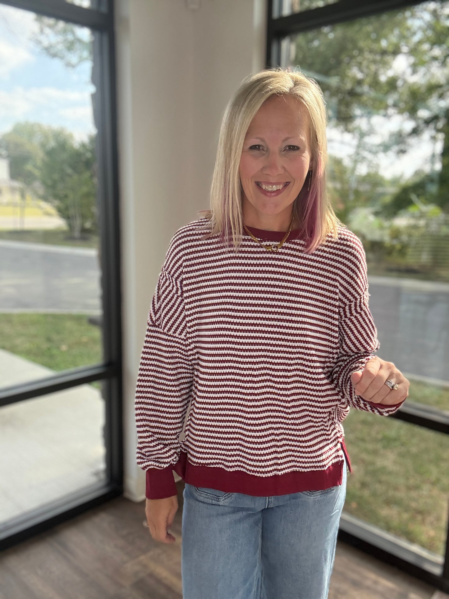 Red Striped Waffle Top