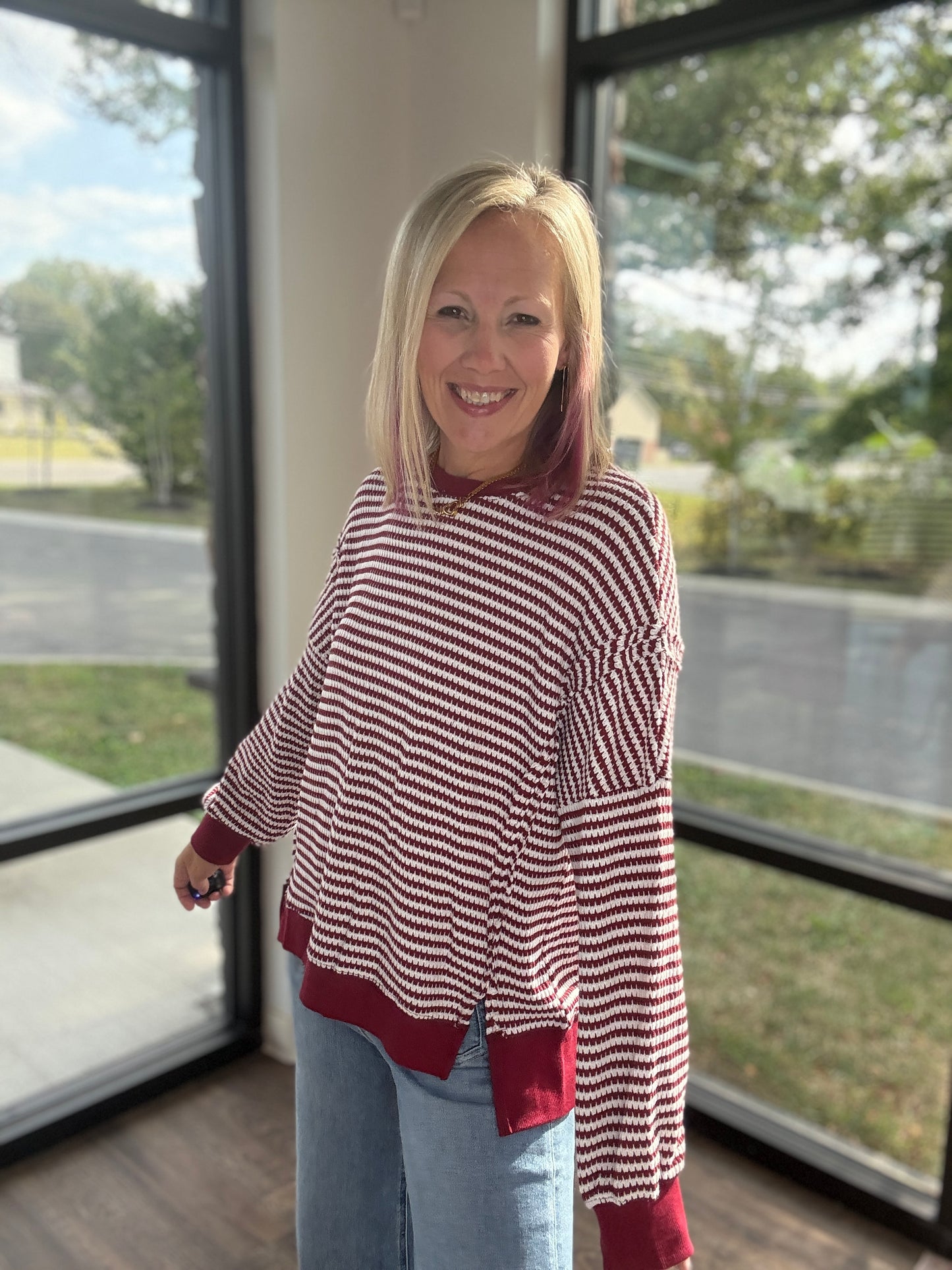Red Striped Waffle Top