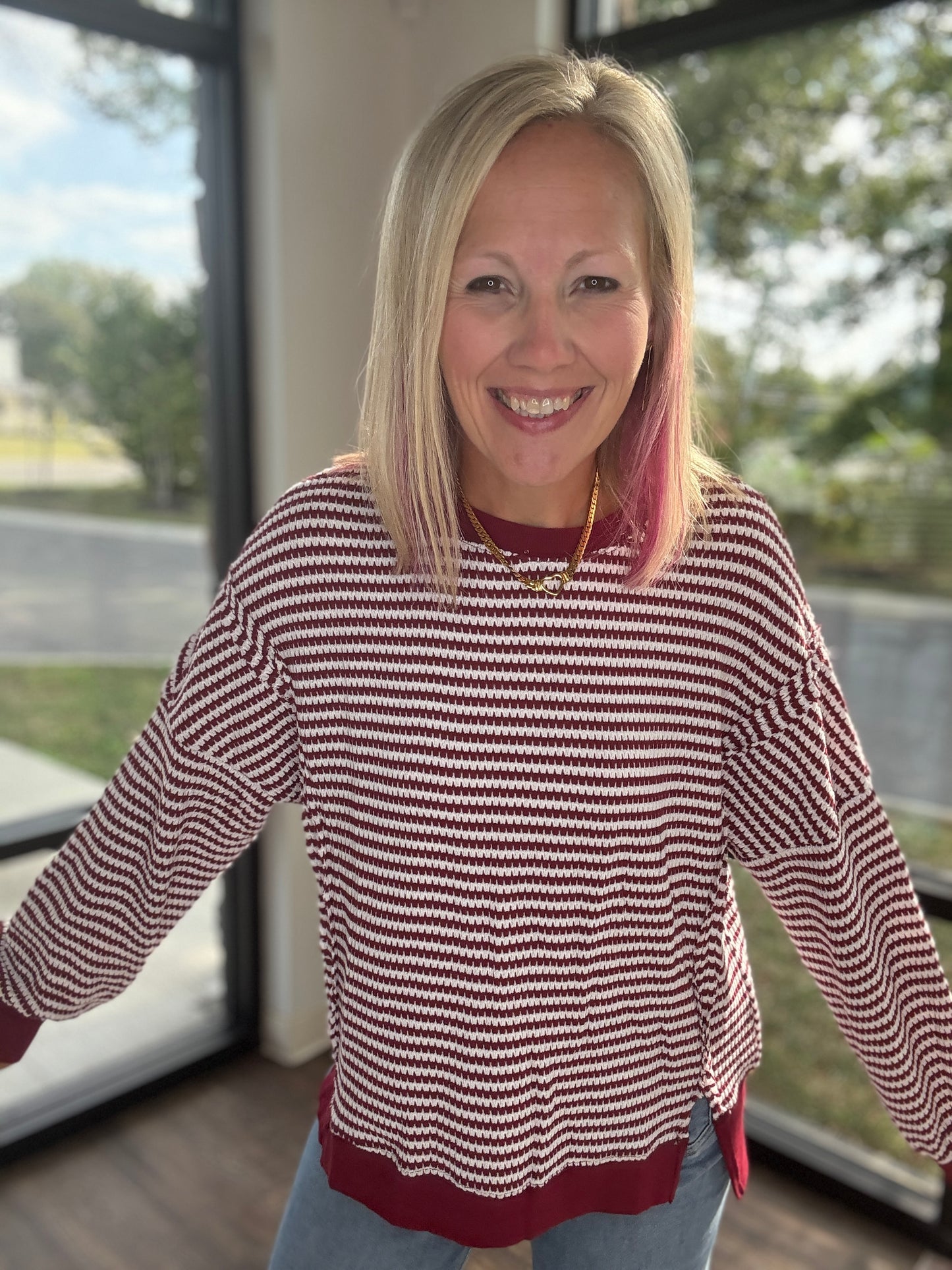 Red Striped Waffle Top