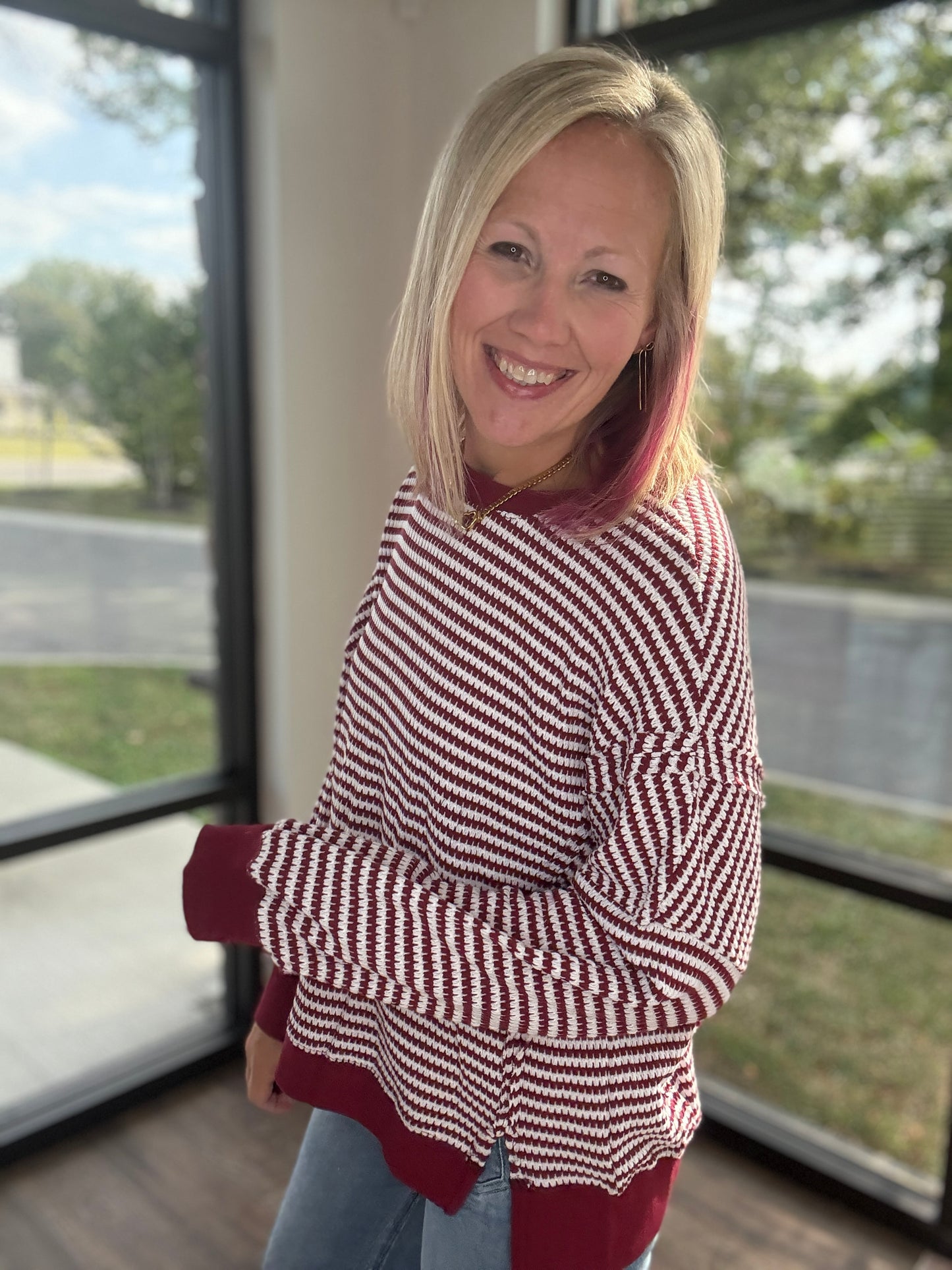 Red Striped Waffle Top