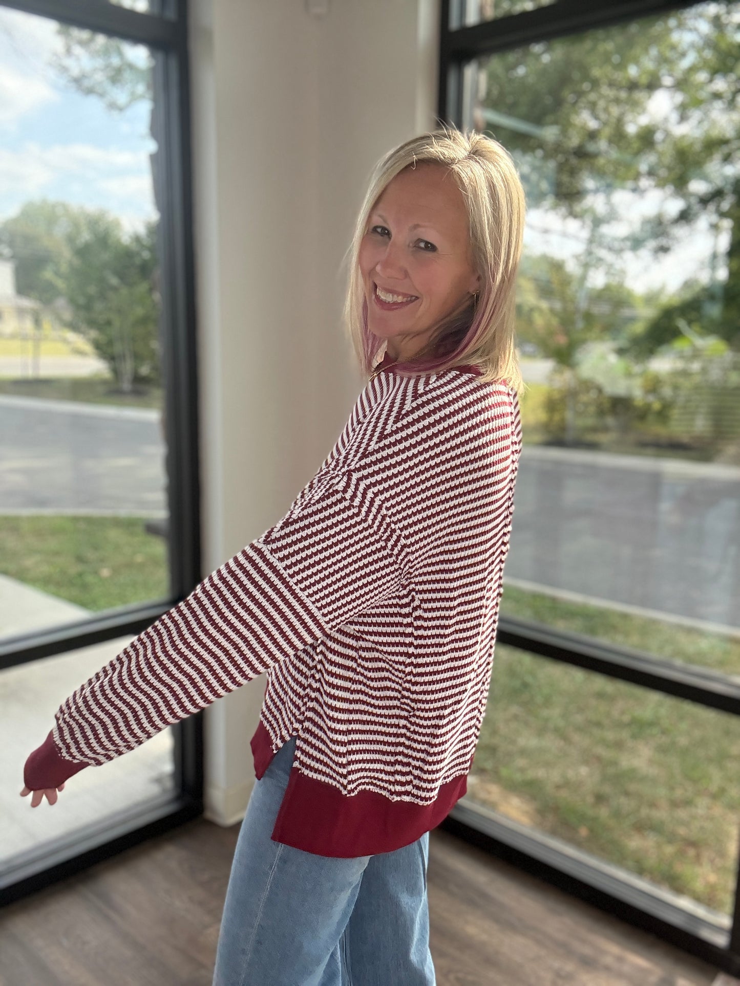 Red Striped Waffle Top