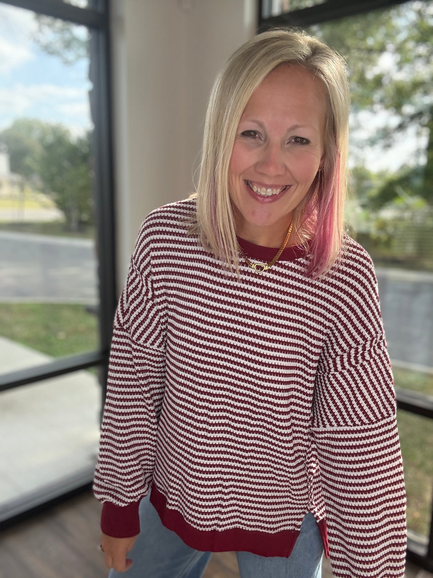 Red Striped Waffle Top