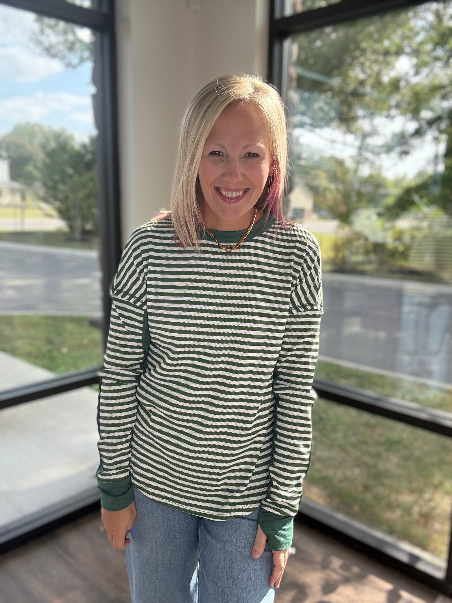 Green & Cream Waffle Top
