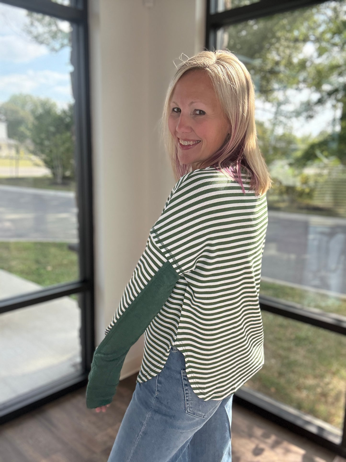 Green & Cream Waffle Top