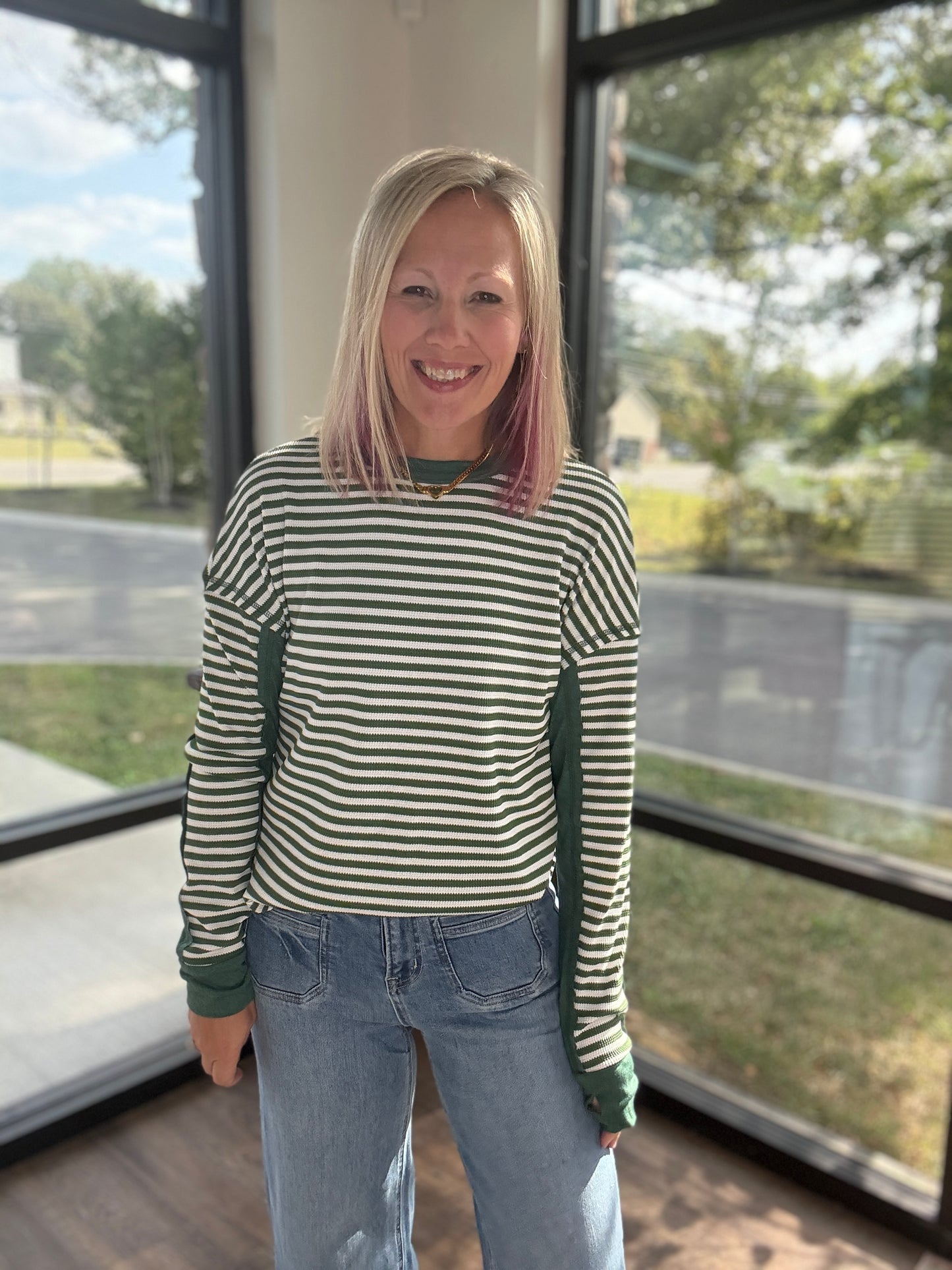 Green & Cream Waffle Top