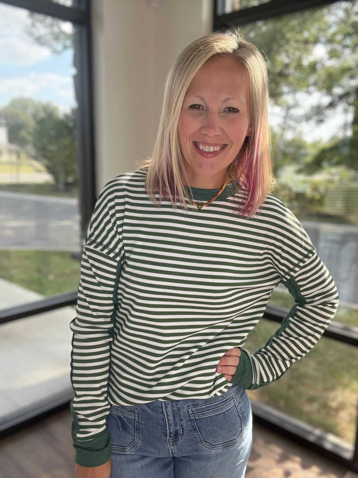 Green & Cream Waffle Top