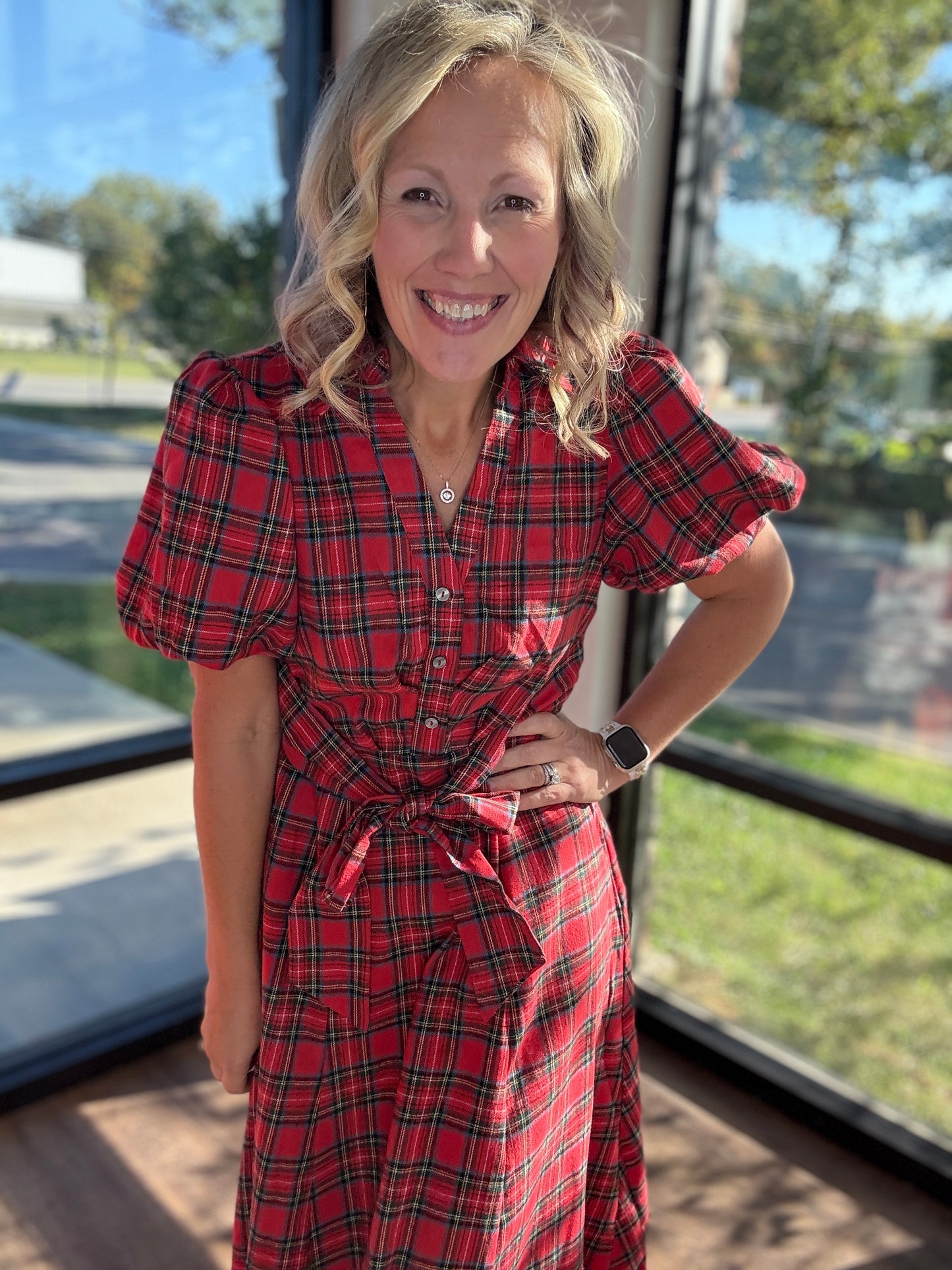 Merry Moments Plaid Dress- Red